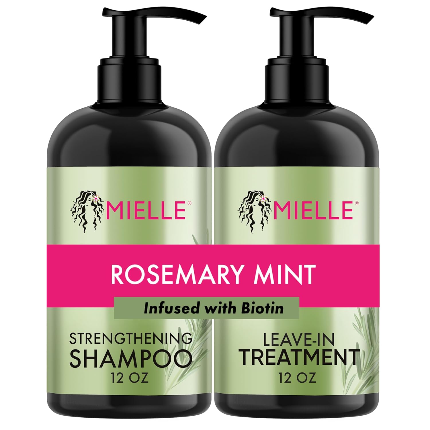 Mielle Organics Rosemary Mint Strengthening Shampoo and Leave-In Conditioner Infused with Biotin, Cleanses and Helps Strengthen Weak and Brittle Hair, 12 Ounces