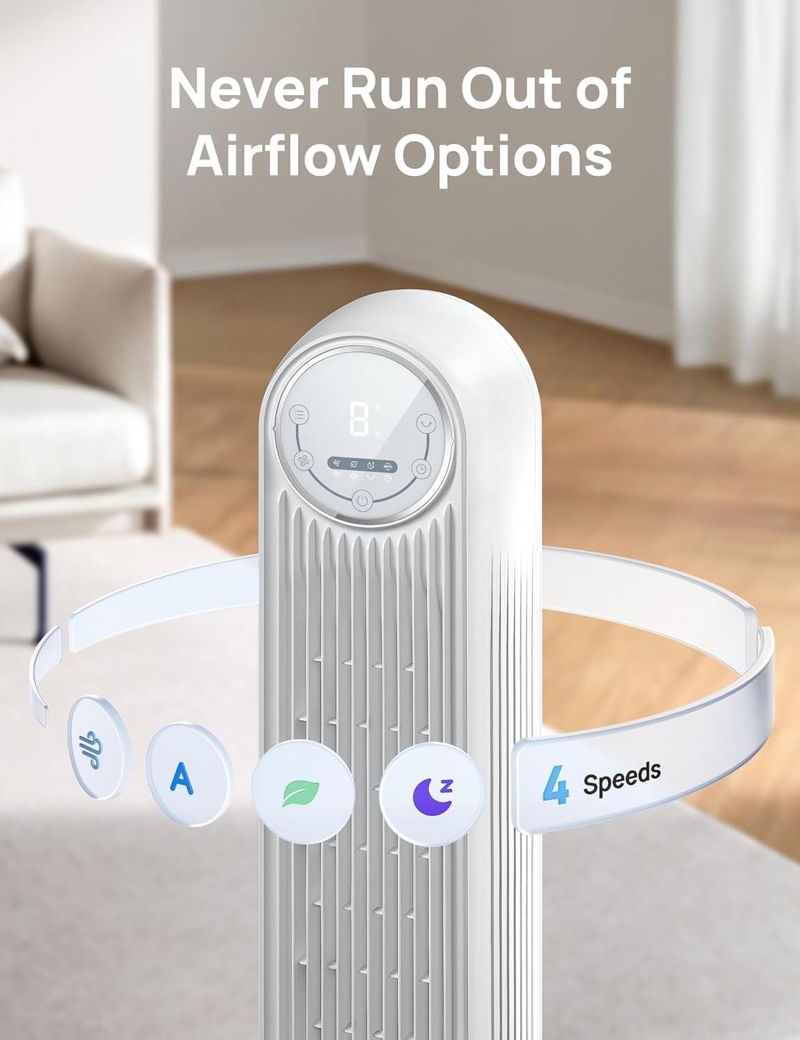 DREO Tower Fan for Bedroom, 25ft/s Velocity Quiet Floor Fan, 90° Oscillating Fans for Indoors with 4 Speeds, 4 Modes, 8H Timer, Standing Fans, Bladeless Fan, White (DR-HTF007) - Image 4