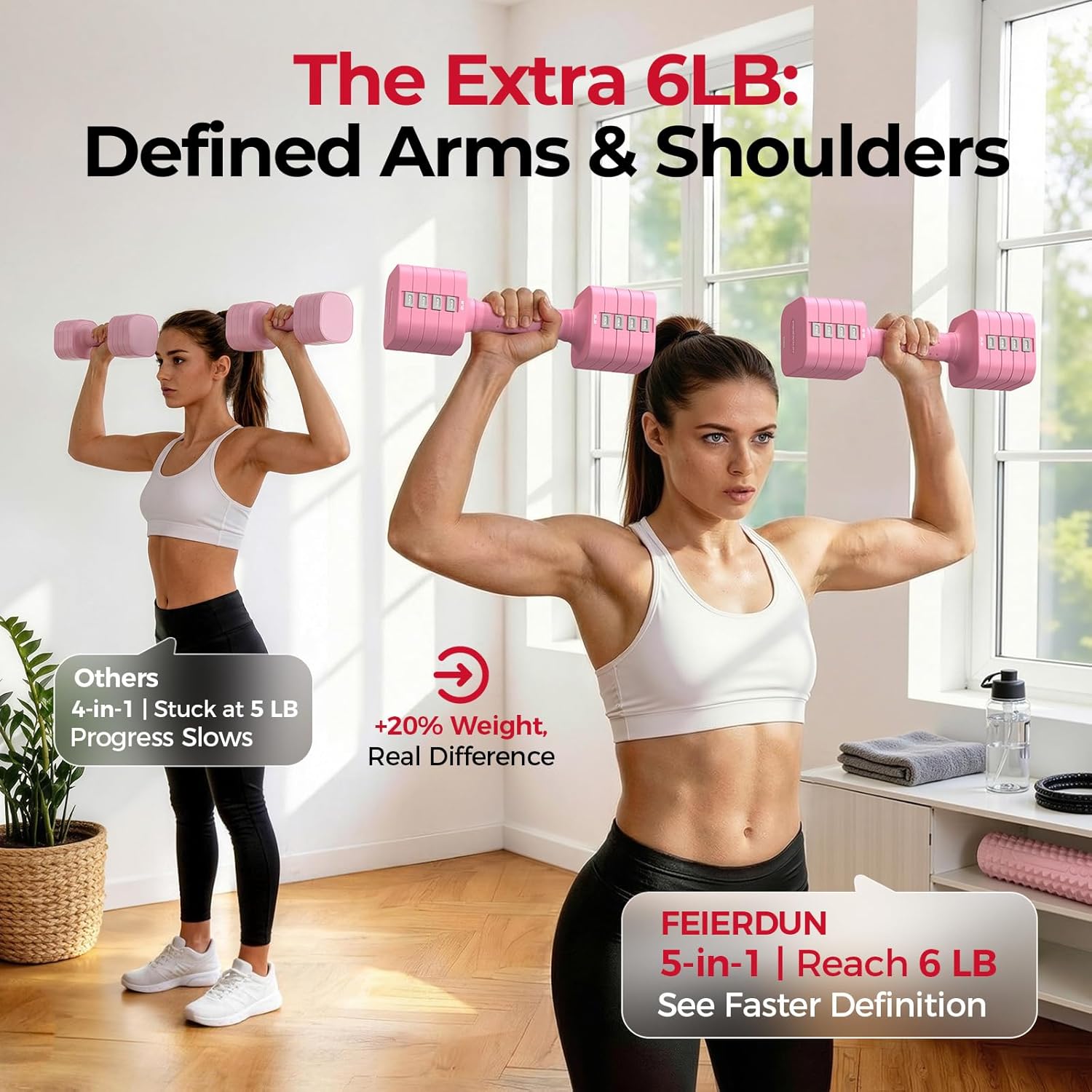 FEIERDUN DB3 5-in-1 Adjustable Dumbbell Set of 2, 12LBS/20LBS Hand Weights for Women, Men, 1s-Adjust Dual-Stable Dumbbell Set for Women Home Gym & Outdoor - Image 3