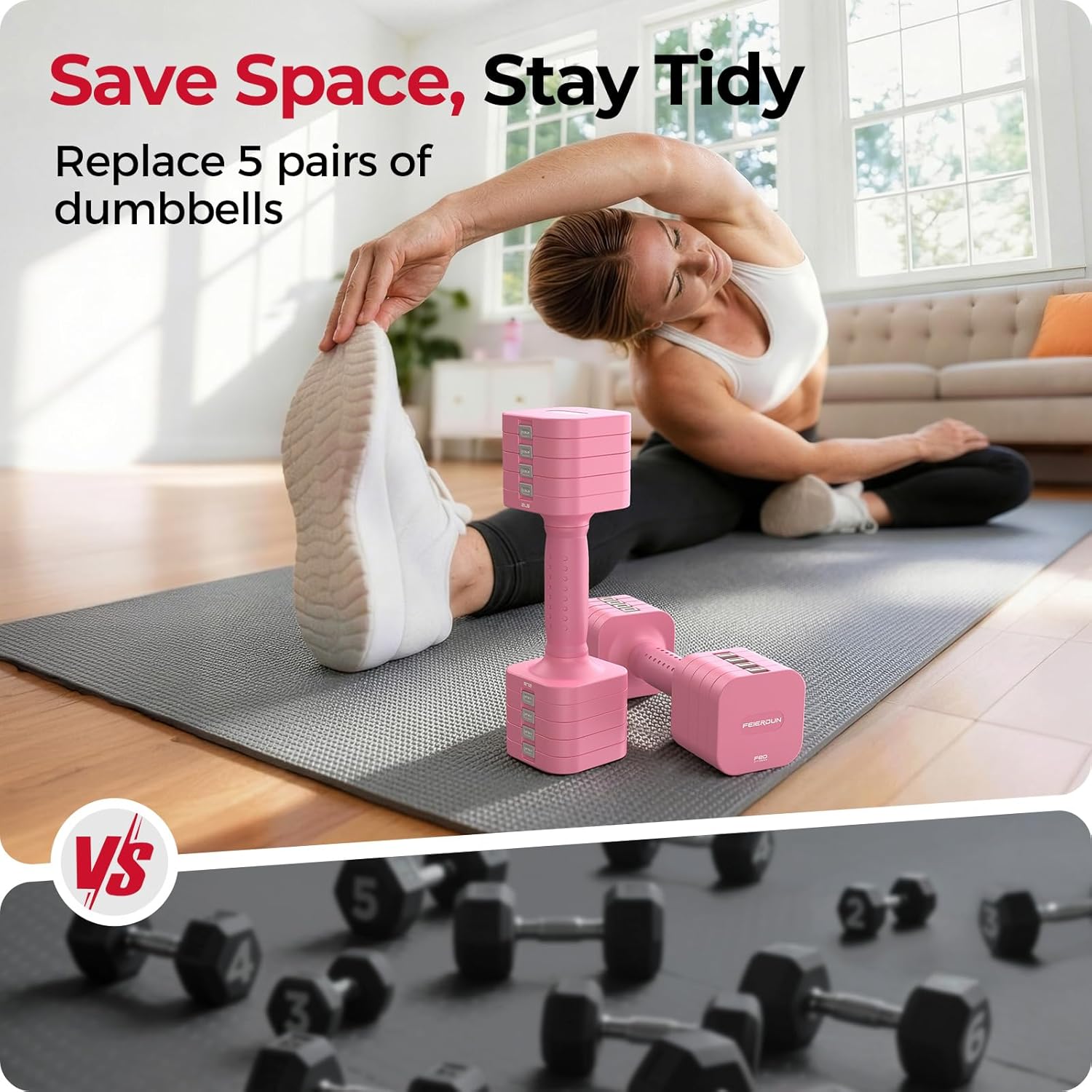 FEIERDUN DB3 5-in-1 Adjustable Dumbbell Set of 2, 12LBS/20LBS Hand Weights for Women, Men, 1s-Adjust Dual-Stable Dumbbell Set for Women Home Gym & Outdoor - Image 8