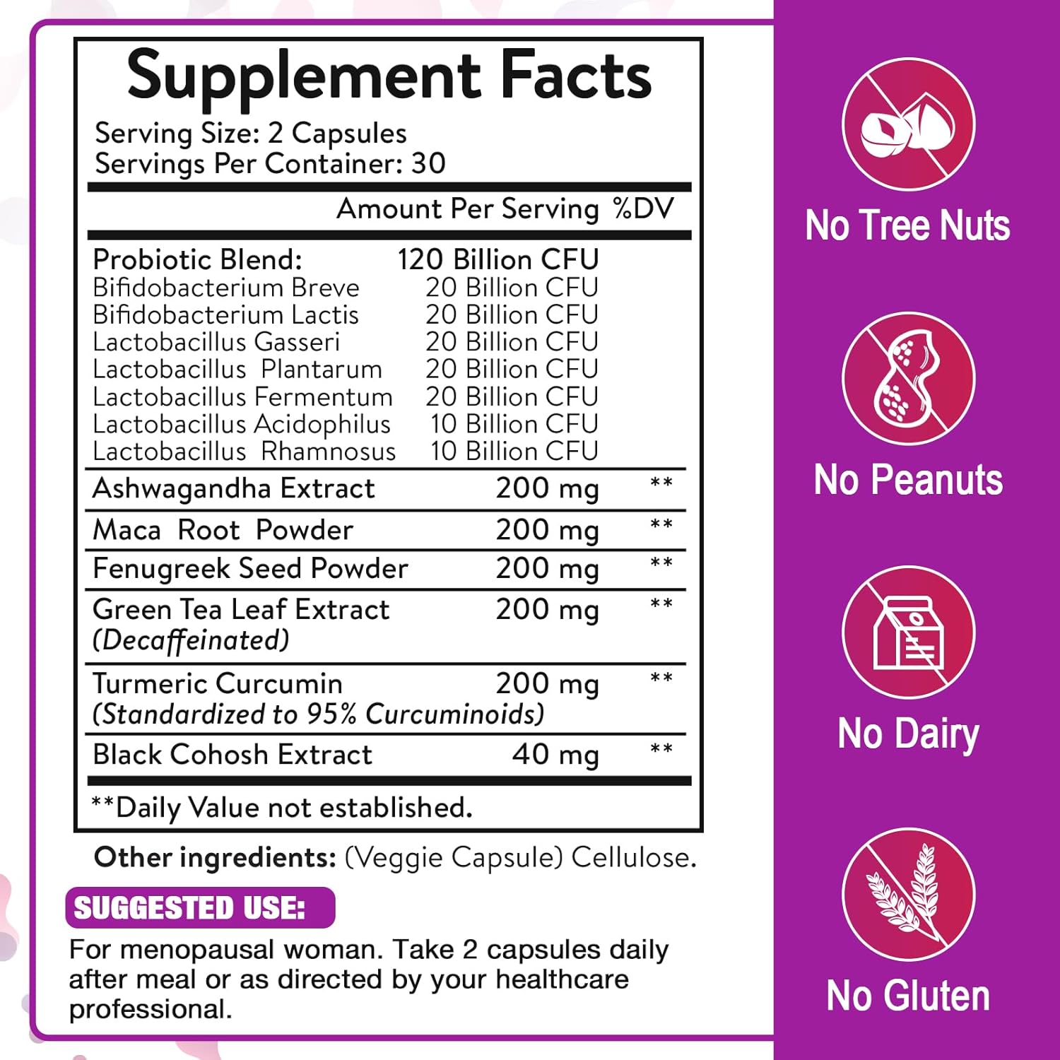 Menopause Supplements for Women, 120 Billion CFU Menopause Probiotics for Women, All-Natural Probiotic for Hot Flashes Menopause, Night Sweats, Mood Swings, Gut and Hormone - 60 Herbal Capsules - Image 2