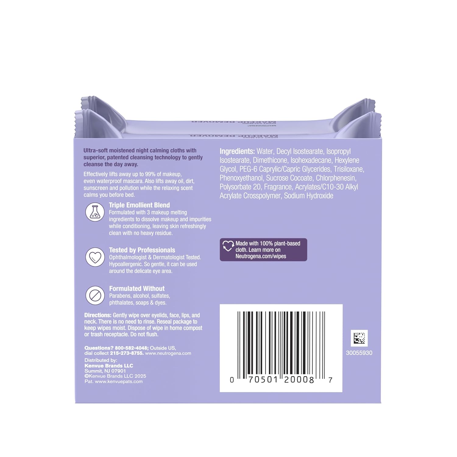 Neutrogena Night Calming Makeup Remover Face Wipes, Nighttime Cleansing Towelettes Remove Sweat, Dirt & Makeup & Calms Skin, Hypoallergenic, 100% Plant Based Cloth, Twin Pack, 2 x 25 ct - Image 7
