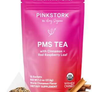 Pink Stork Organic PMS Tea for Hormone Balance, Mood Swings, Bloating, and Period Regularity - 8 Herbs - Vitex, Red Raspberry Leaf, Chamomile - Caffeine-Free - 15 Sachets, Hot or Iced