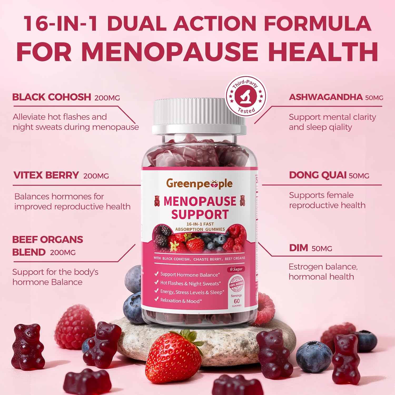 GREENPEOPLE Menopause Supplements for Women Gummies - 16-in-1 Dual Action Menopause Relief W/Black Cohosh, Vitex, Beef Organs for Hormone Balance, Hot Flashes, Night Sweats & Mood, Sugar-Free 60 CT - Image 2