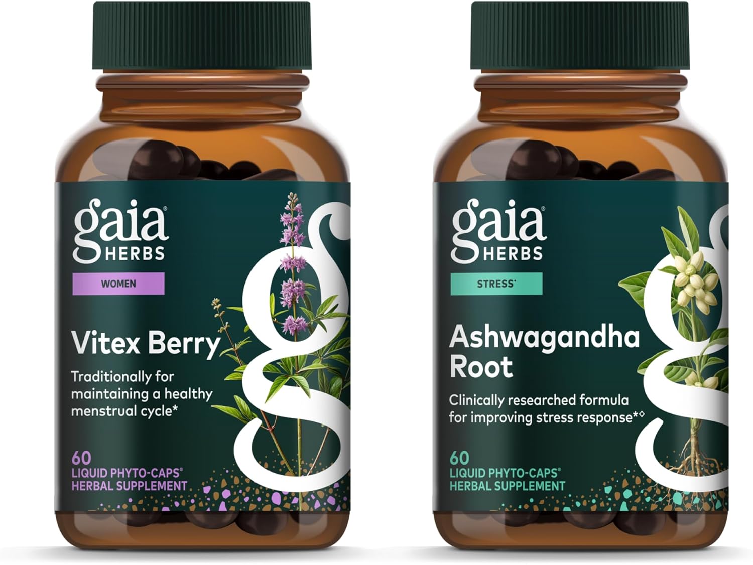Gaia Herbs Vitex Berry, Support Hormone Balance for Women & a Healthy Menstrual Cycle*, 60 Phyto-Caps - Ashwagandha Root, Stress Relief & Sleep Support Supplement*, 60 Phyto-Caps - Bundle