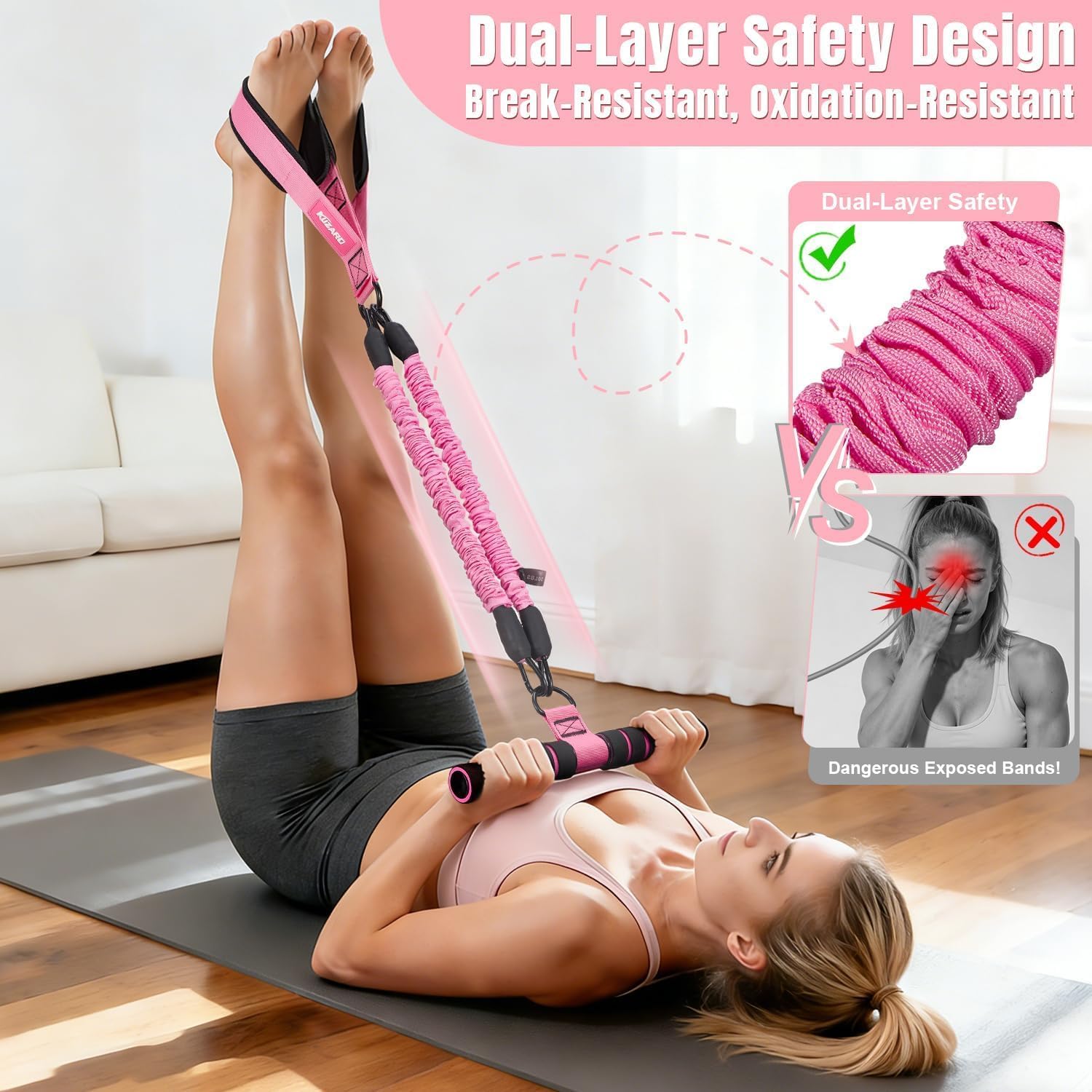 KUZARO Upgraded Multifunction Pedal Resistance Band with Handle, 3 Tube Adjustable Resistance Bands for Abdomen, Waist, Arm, Core/ABS, Leg Workout - Sit Up Exercise Equipment for Women - Image 4