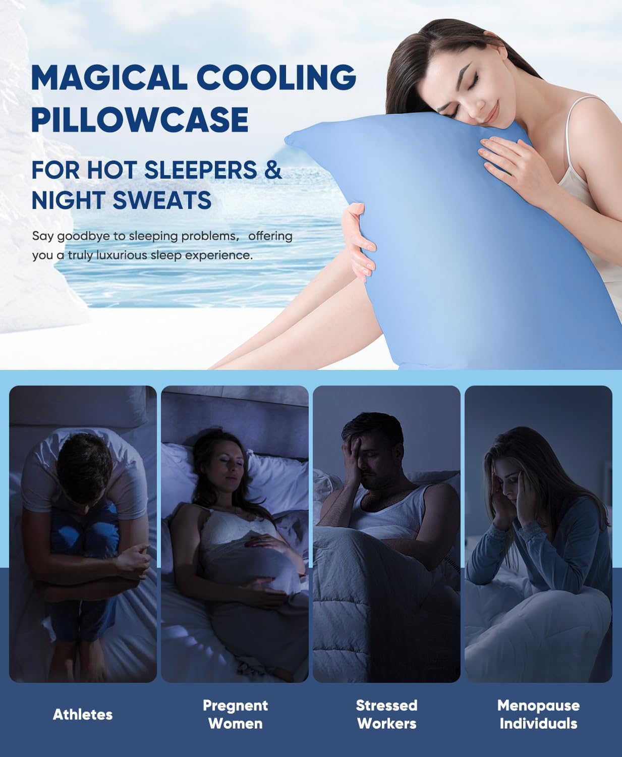 LUXEAR Cooling Pillow Cases, 2 Pack Stretch Arc-Chill Q-max 0.55 Cool Pillowcases Fit Standard & Queen Size Pillows, Protecting Hair & Skin, Gifts for Women & Men, Hot Sleeper, Night Sweat - Blue - Image 6