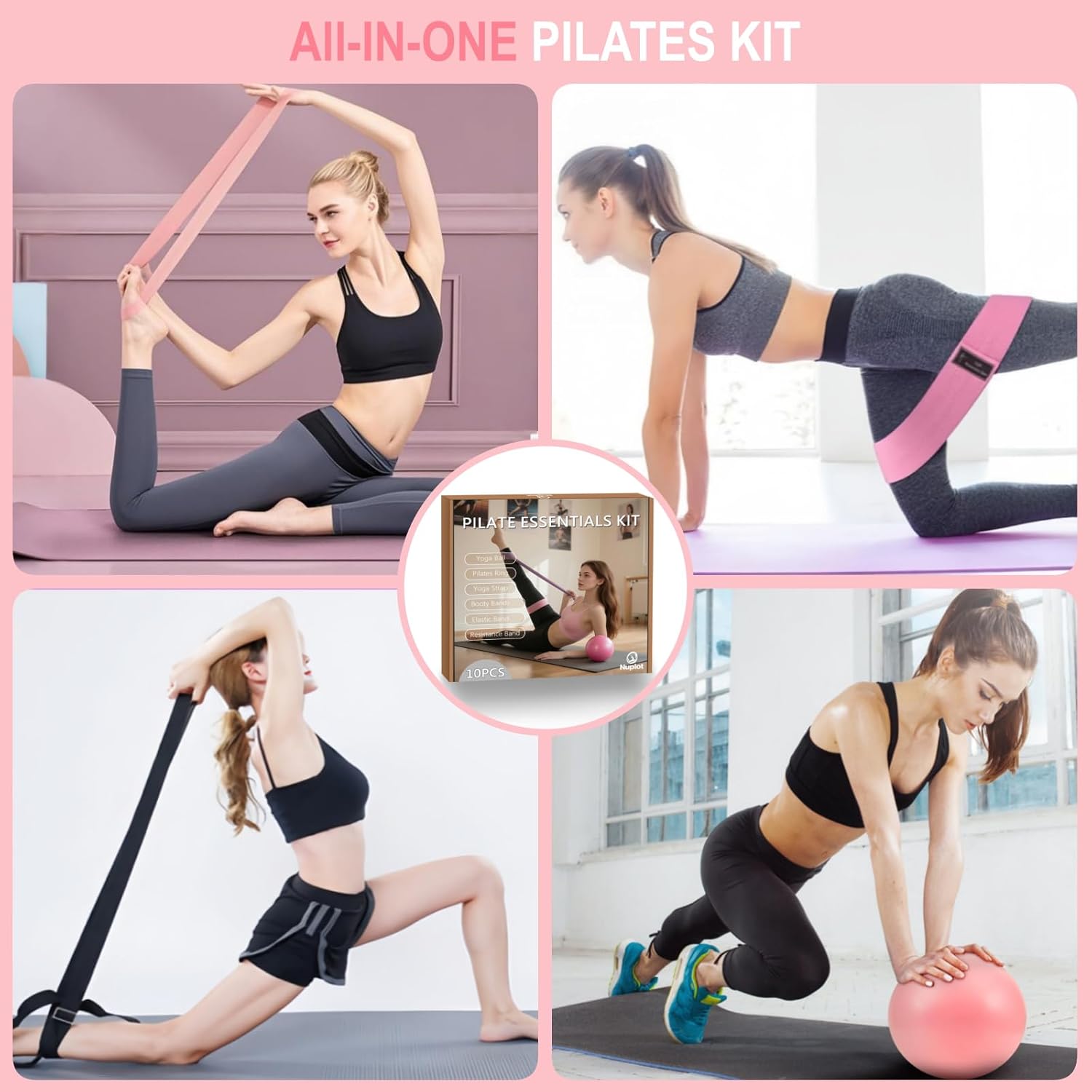 Nuplot Pilates Equipment, Pilates Kit for Home Workouts, Pilates Essentials Kit for Women, Home Pilates Kit with Pilates Ring and Ball Set, Booty Bands, Figure 8 Resistance Band, Yoga Band - Image 6