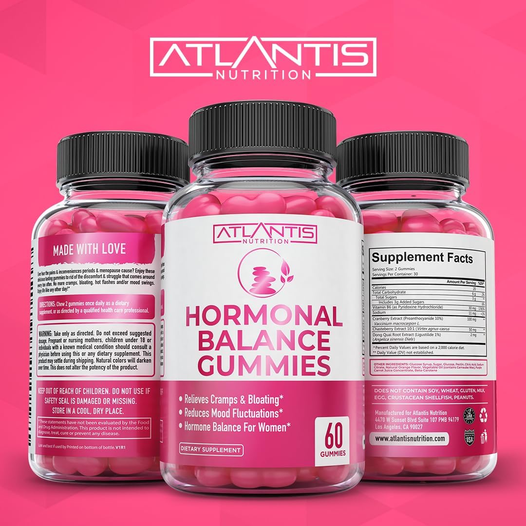 Atlantis Nutrition Hormonal Balance for Women & PMS Relief Gummies - Alleviates Cramps, Bloating, Mood Swings, Hot Flashes & Night Sweats - Cranberry, Dong Quai & Chasteberry Menstrual Cramp Relief - Image 4