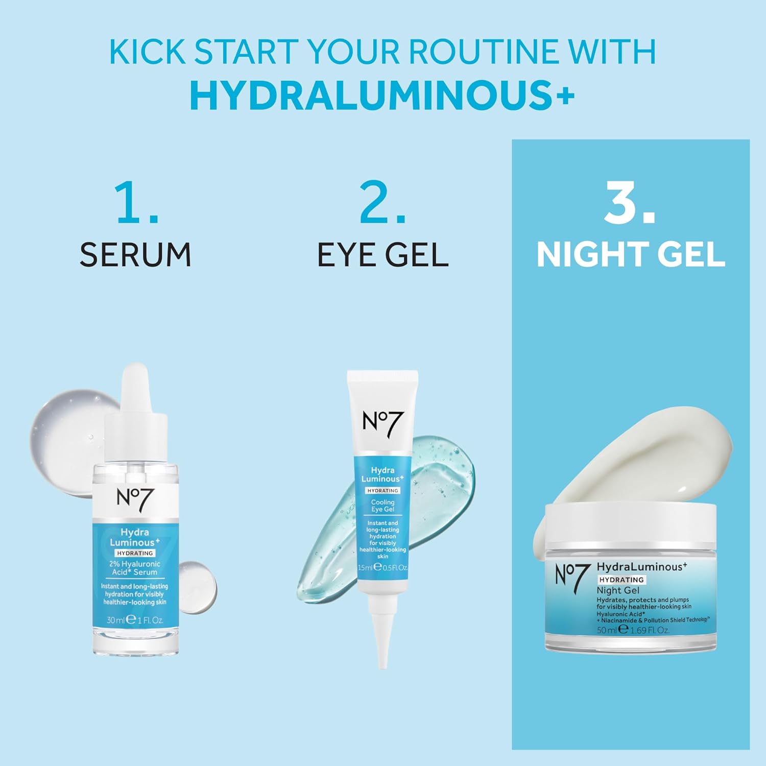 No7 HydraLuminous+ Hydrating Night Gel Moisturizer - Hyaluronic Acid and Vitamin B3 Niacinamide Face Moisturizer to Hydrate, Protect & Refresh Skin - Supports Skin Barrier Repair (1.69 Fl Oz) - Image 4