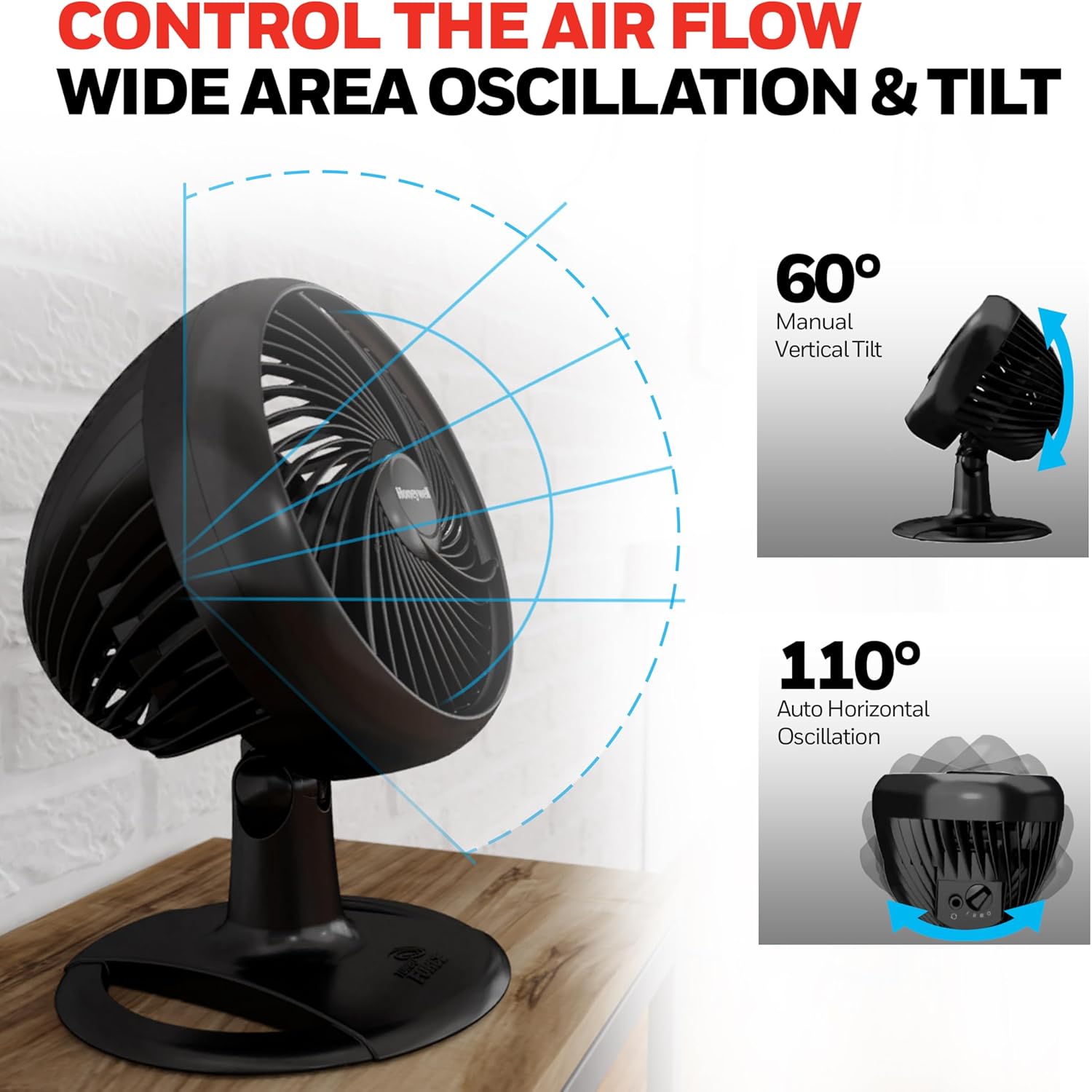 Honeywell Fan, Turbo Force Oscillating Table Fan with 3 Speeds, Air Circulator for Bedroom, Black, HT-906 - Image 5