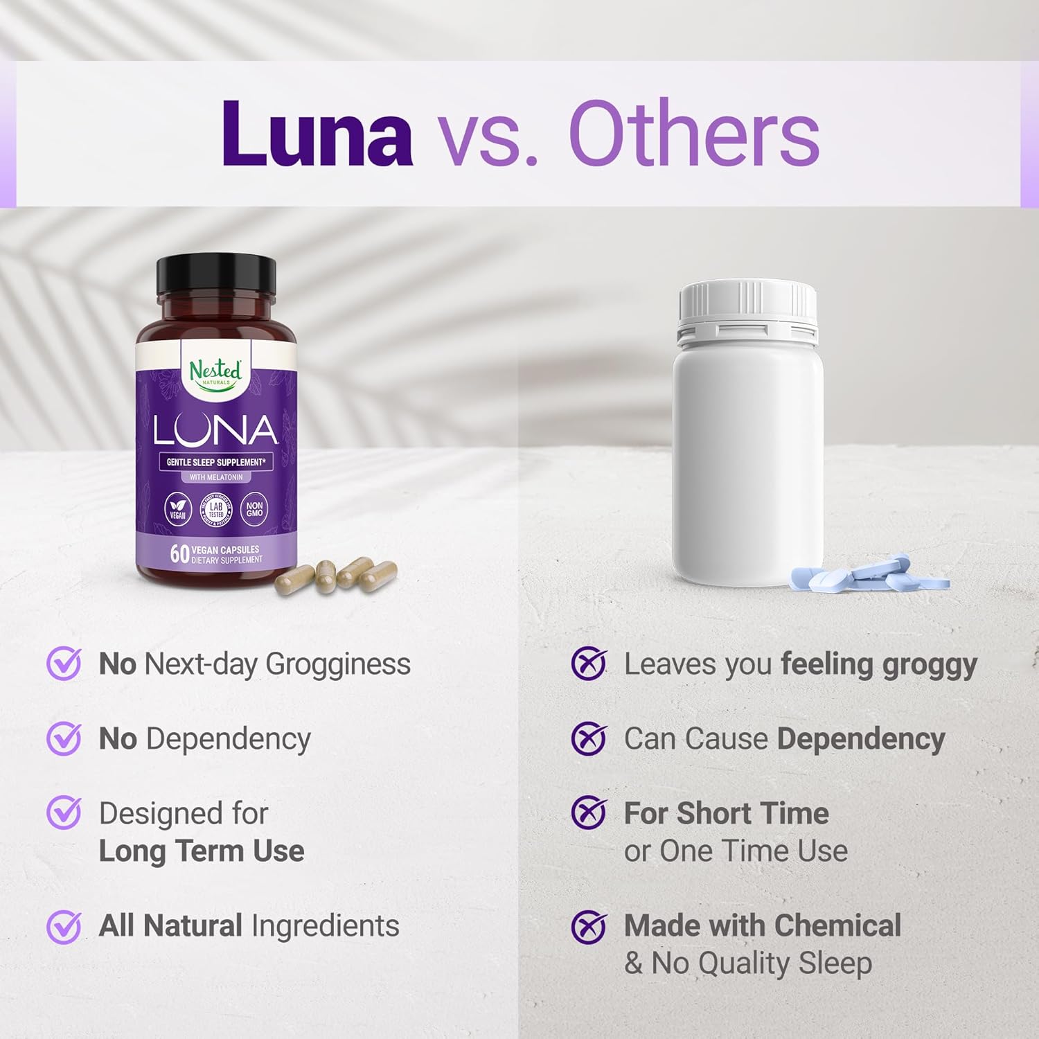 Nested Naturals Luna Sleep Aid - Non-Habit Forming Natural Sleeping Pills for Adults with Naturally Sourced Ingredients - Valerian Root, Melatonin, Chamomile, Lemon Balm, and More - 60 Vegan Capsules - Image 6
