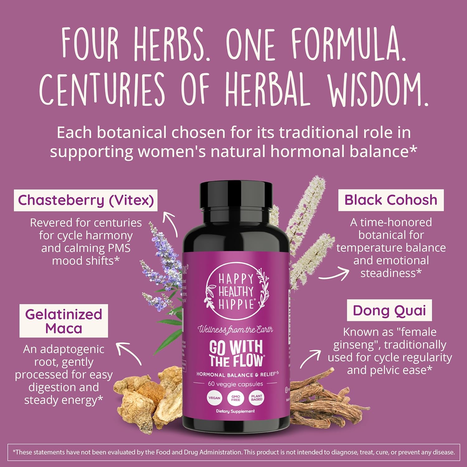 Happy Healthy Hippie Hormone Balance for Women — PMS Support & PMDD, Mood, Cycle Regularity — Chasteberry Supplements with Maca, Dong Quai, Black Cohosh — Vegan, Non-GMO, 60 Capsules - Image 5