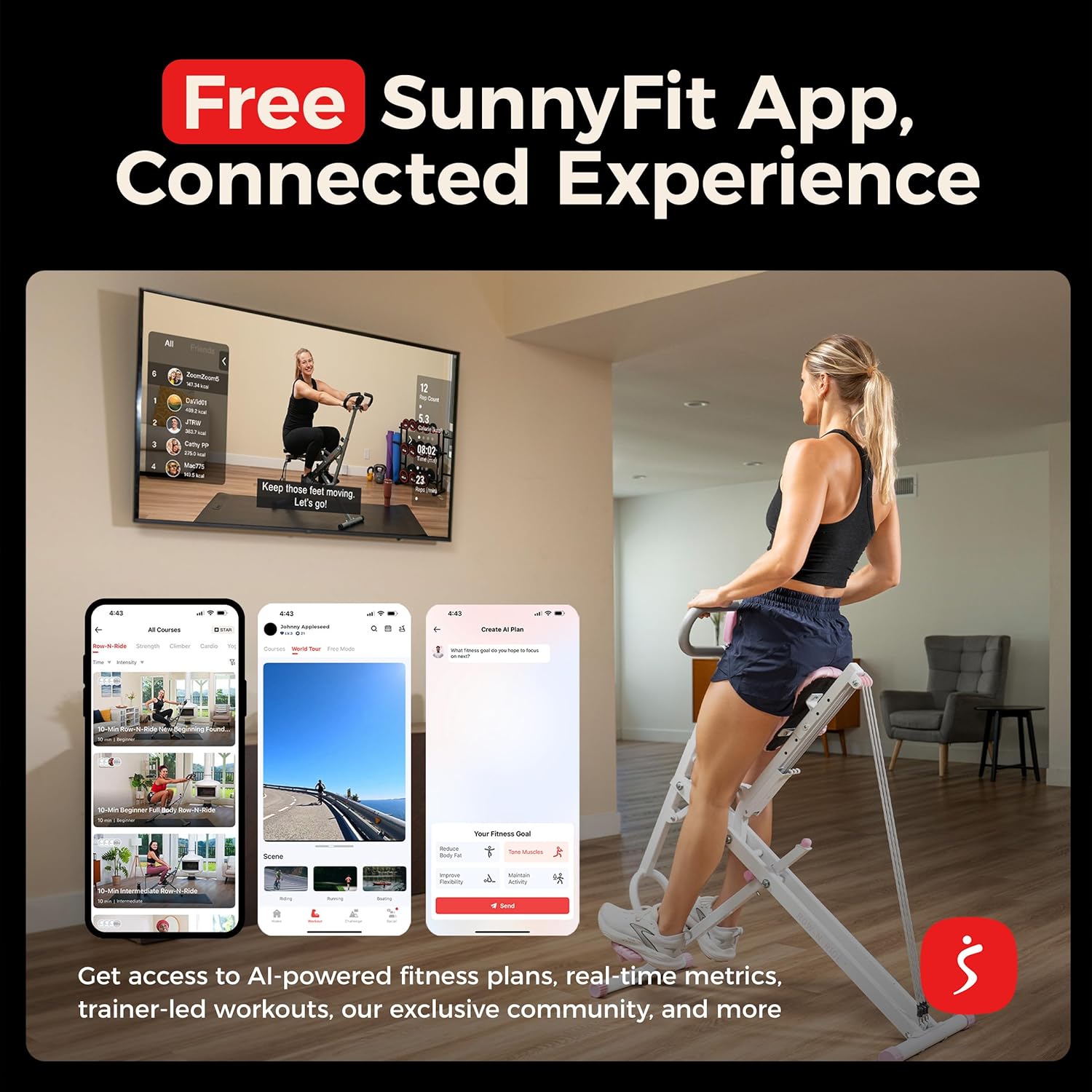 Sunny Health & Fitness Smart Row-N-Ride Glute & Leg Trainer, Foldable Squat Assist Rower with Exclusive SunnyFit App Connection - Image 4