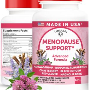 Lunakai USA Made Natural Menopause Supplements for Women – 13-in-1 Menopause Relief for Hot Flashes, Night Sweats, Sleep & Mood Support, 60ct