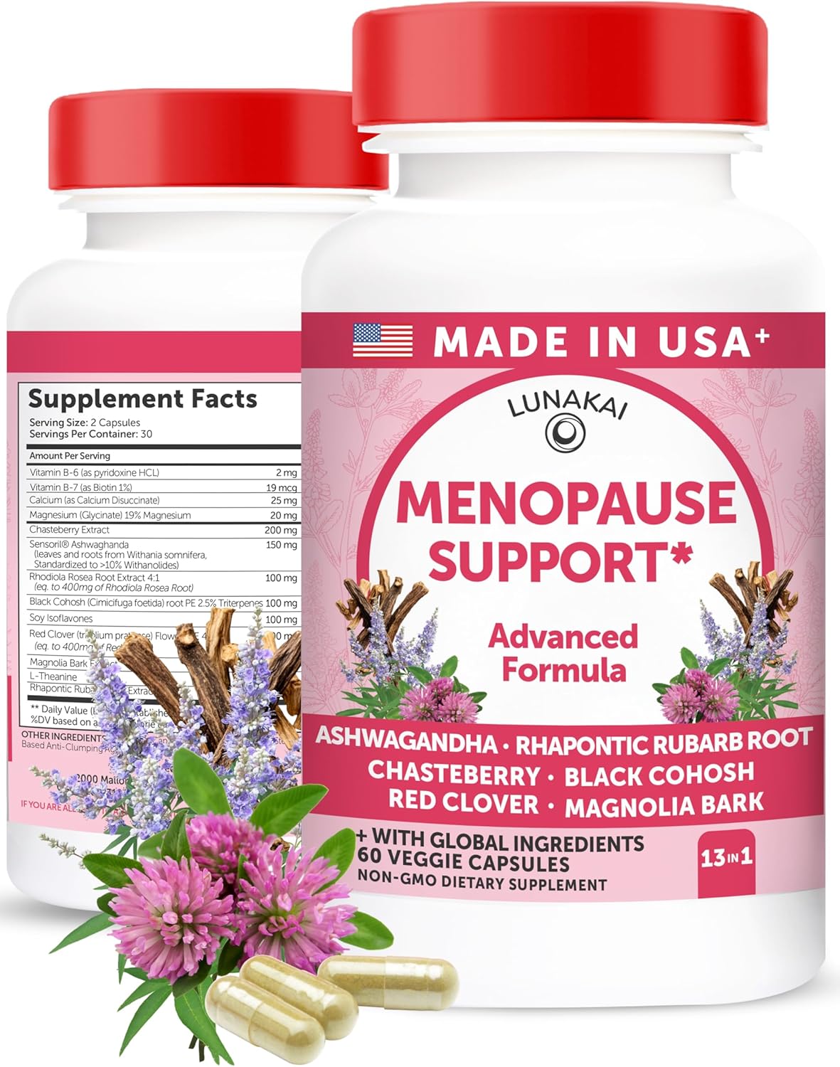 Lunakai USA Made Natural Menopause Supplements for Women – 13-in-1 Menopause Relief for Hot Flashes, Night Sweats, Sleep & Mood Support, 60ct
