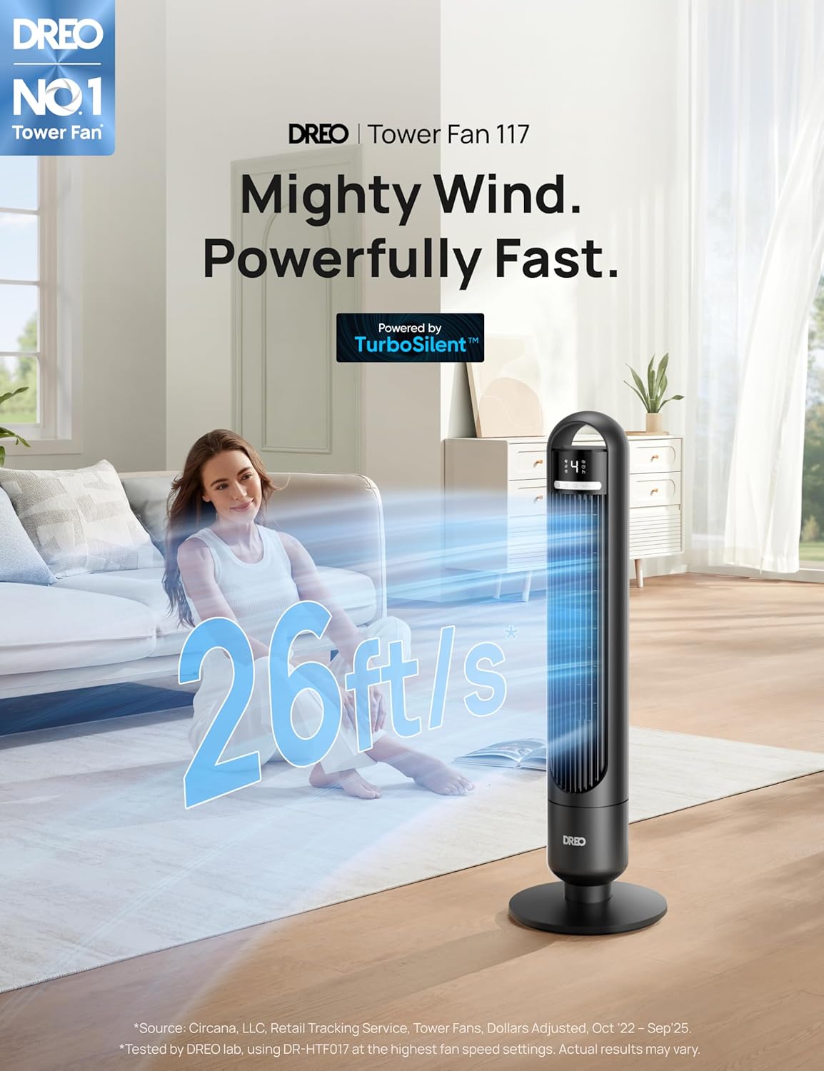 DREO Tower Fan for Bedroom, 90° Oscillating Standing Fans for Room with 4 Speeds, 3 Modes, 28dB Quiet for Sleep, 26ft/s Velocity, 8H Timer, Remote, Living Room, Office, Home, Black - Image 2