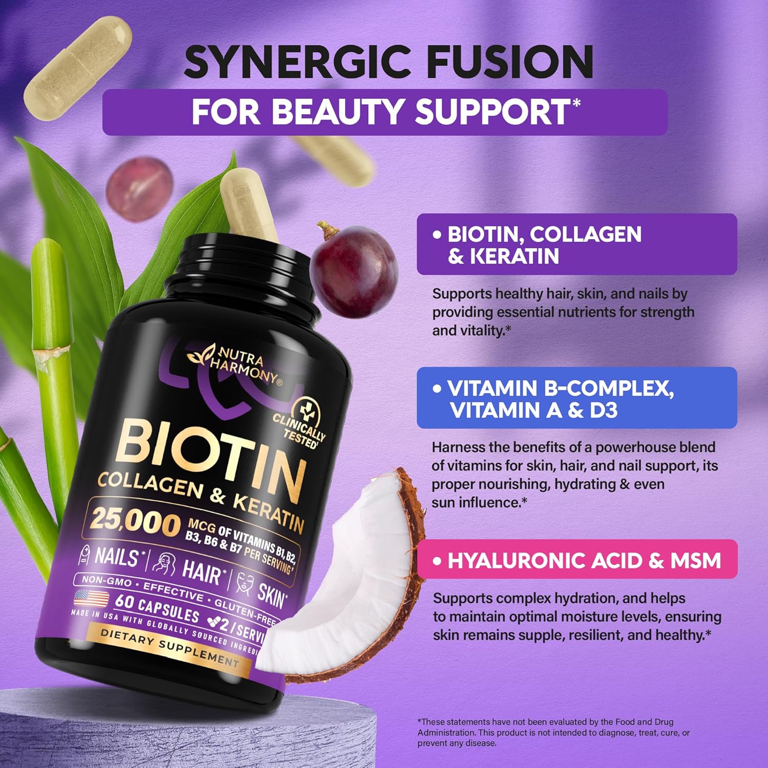 Biotin | Collagen | Hyaluronic Acid | Keratin - Support Normal Hair Growth Cycle, Skin & Nails - Clinically Tested - 25000mcg Vitamins B1, B2, B3, B6 & B7 - for Women & Men - Made in USA | 60 Capsules - Image 5
