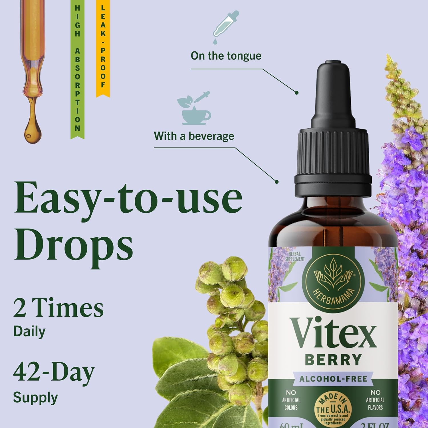 HERBAMAMA Vitex Chasteberry Supplement for Women - Natural Menopause Support* with Vitex Berry Tincture - Chaste Tree Berry Drops for Hormonal Balance & Cycle Support* - 42-Day Supply - Image 6
