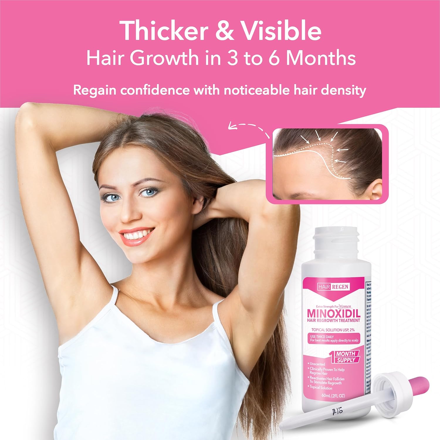 Hair Regen Liquid Minoxidil Women 2% Percent - Extra Strength Advanced Topical Solution for Regrowth Serum Drops - Clinically Proven Growth Treatment for Hers Hair Loss 1 Pack as 1 Month Supply Kit - Image 8