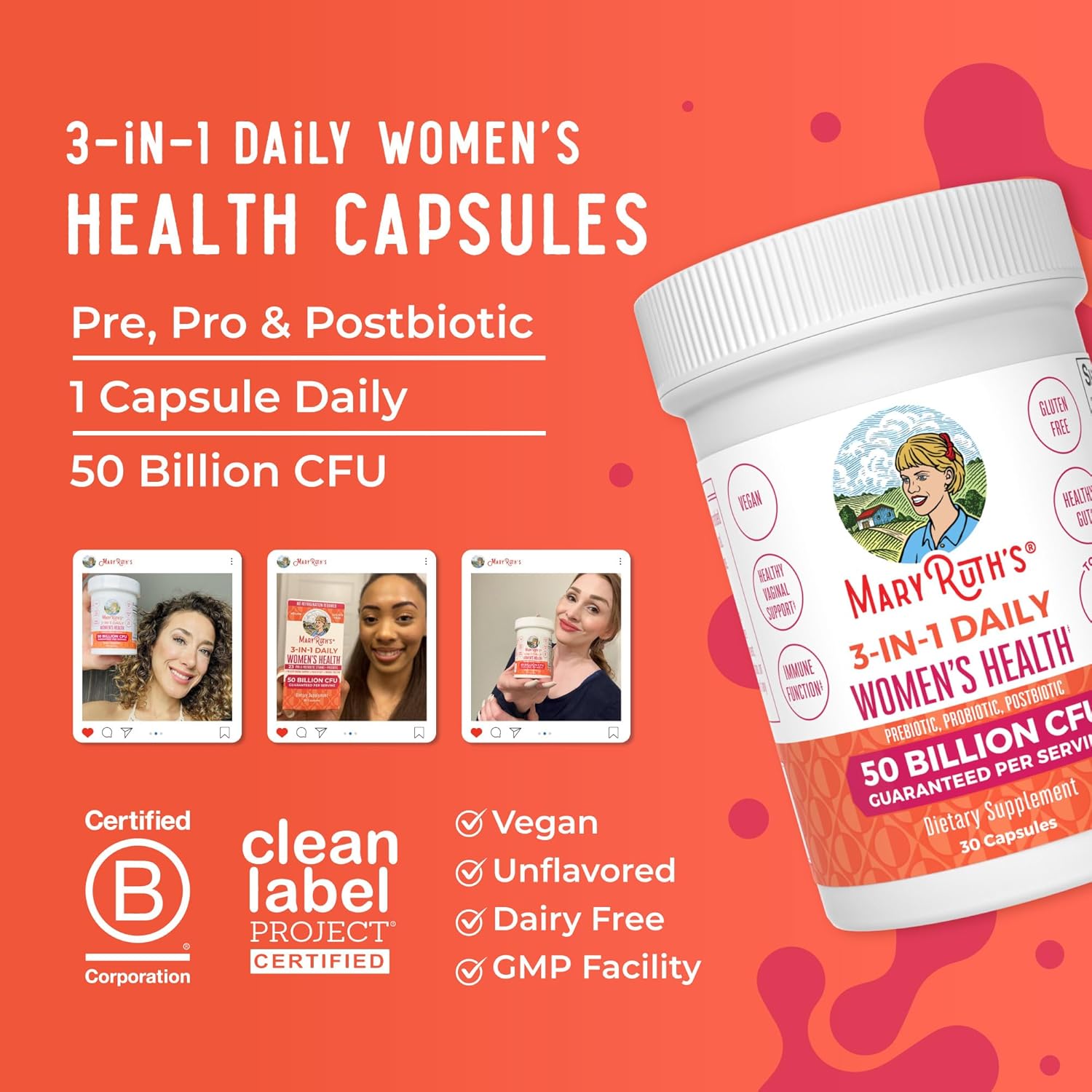 MARYRUTH'S 3-in-1 Daily Health Probiotics for Women | Hormone Support & Gut Health Supplement for Women | Women’s Probiotic | 50 Billion CFU | Vegan | 30 ct - Image 8