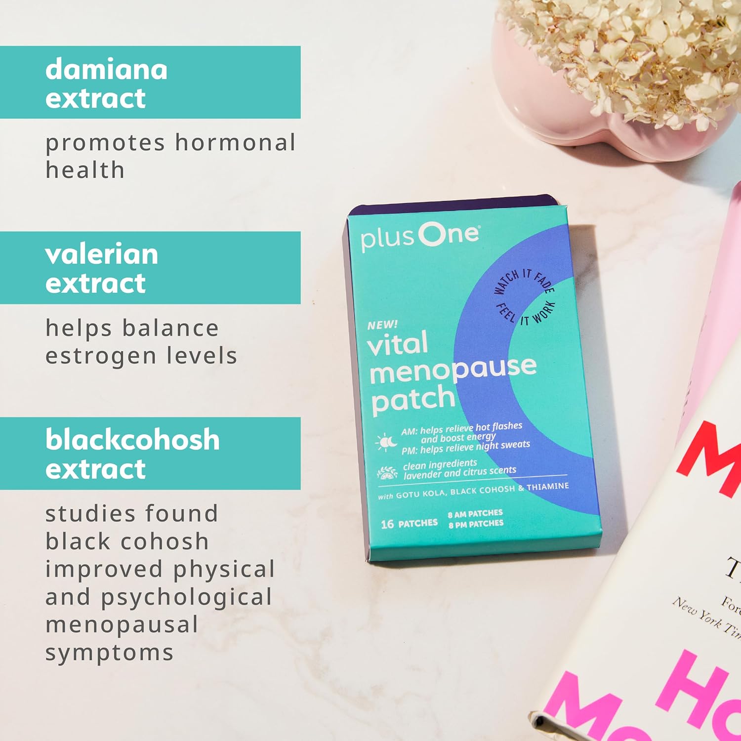 plusOne Vital Menopause Patches AM & PM – Hot Flash & Night Sweat Support – Promotes Energy & Sleep – Herbal Arjuna Daily Patches – 16ct - Image 4