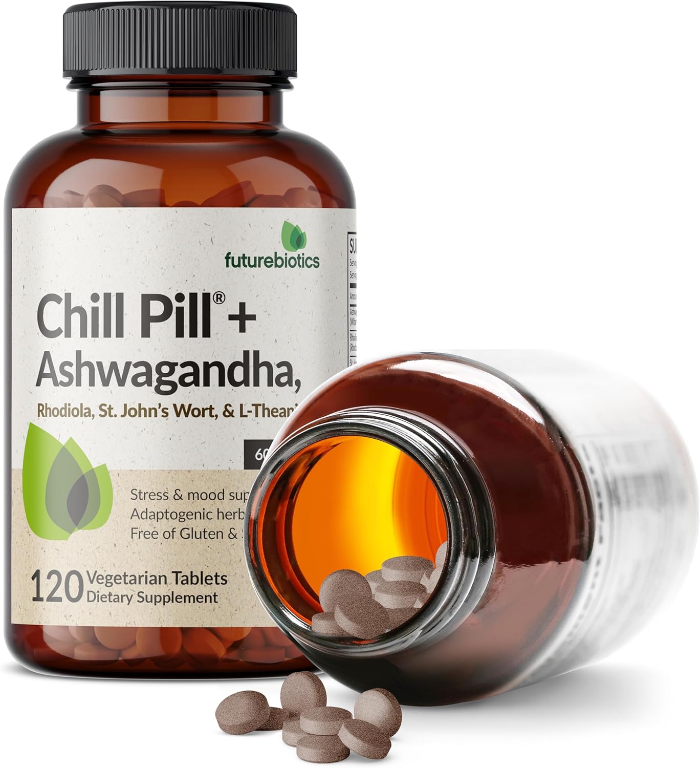 Futurebiotics Chill Pill + Ashwagandha, Rhodiola, St. John’s Wort, & L-Theanine - Non-GMO, 120 Vegetarian Tablets - Image 4
