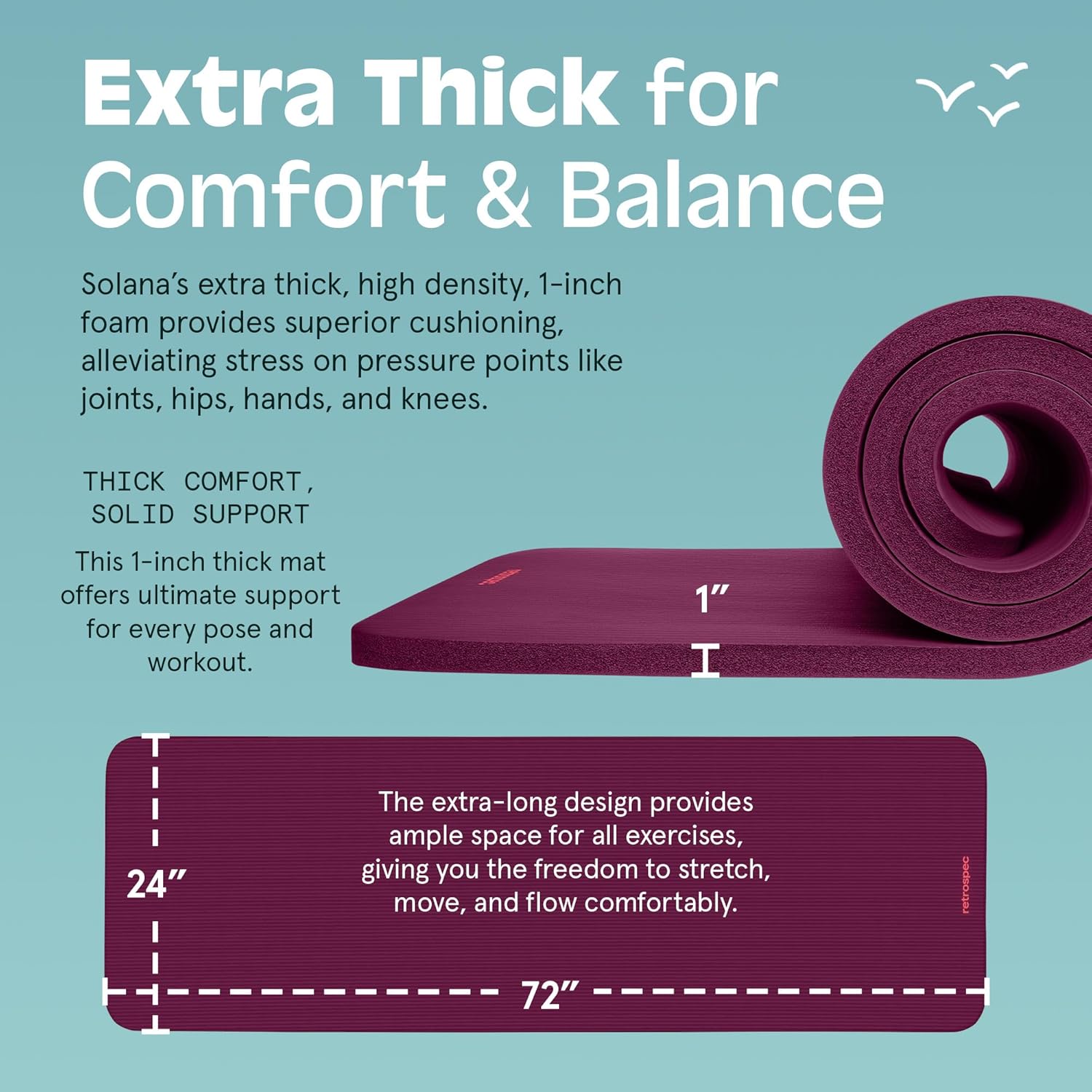 Retrospec Solana Yoga Mat 1" Thick w/Nylon Strap for Men & Women - Non Slip Exercise Mat for Home Yoga, Pilates, Stretching, Floor & Fitness Workouts - Image 3