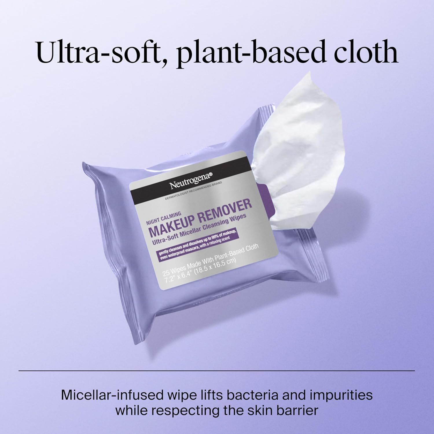 Neutrogena Night Calming Makeup Remover Face Wipes, Nighttime Cleansing Towelettes Remove Sweat, Dirt & Makeup & Calms Skin, Hypoallergenic, 100% Plant Based Cloth, Twin Pack, 2 x 25 ct - Image 5