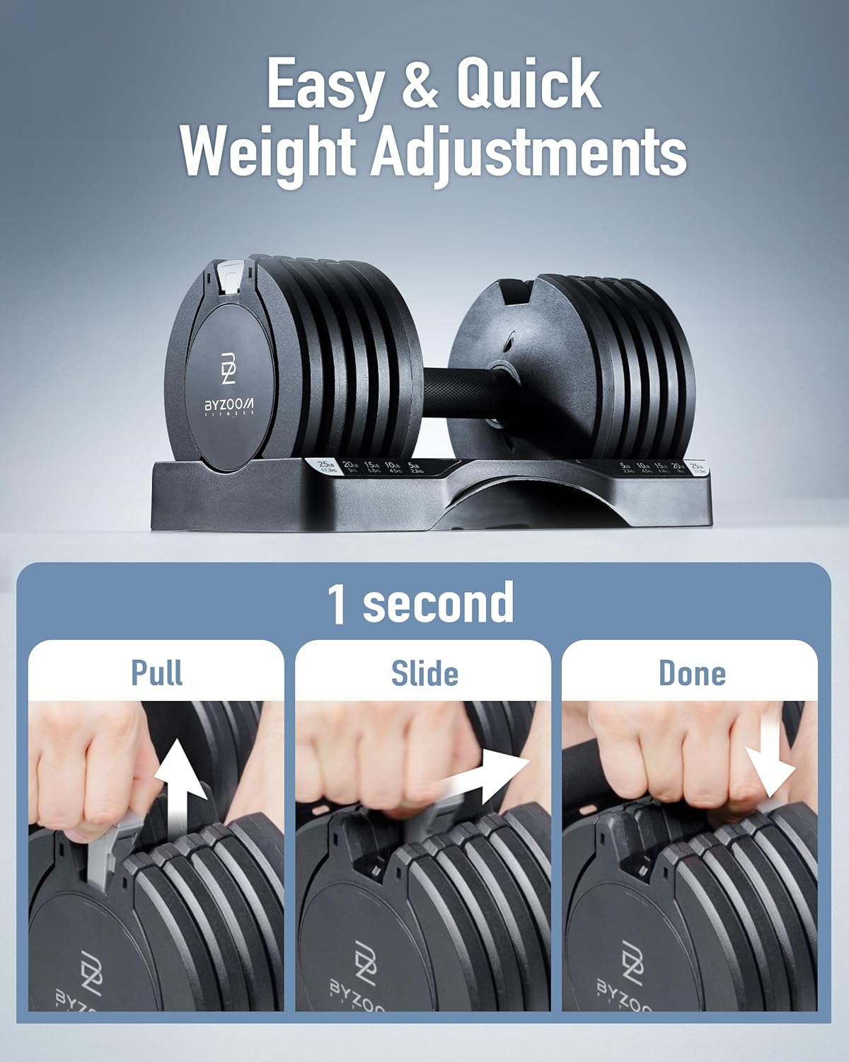 BYZOOM FITNESS Pure Series Adjustable Dumbbell - 12.5/25/27.5/75lb - ONE UNIT OR PAIR(check QTY before purchase) - 5-in-1/ 10-in-1 / 21-in-1 Flexible Hand Weights for Home Gym, Strength Training & Fitness Workouts, White OR Black - Image 2