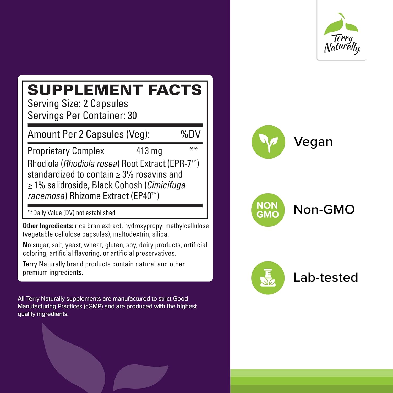 Terry Naturally Menopause Relief Plus - Menopause Symptom Supplement - Supplement to Aid Against Occasional Tiredness & Night Sweats - Supplement with Rhodiola & Black Cohosh - 60 Capsules - Image 2