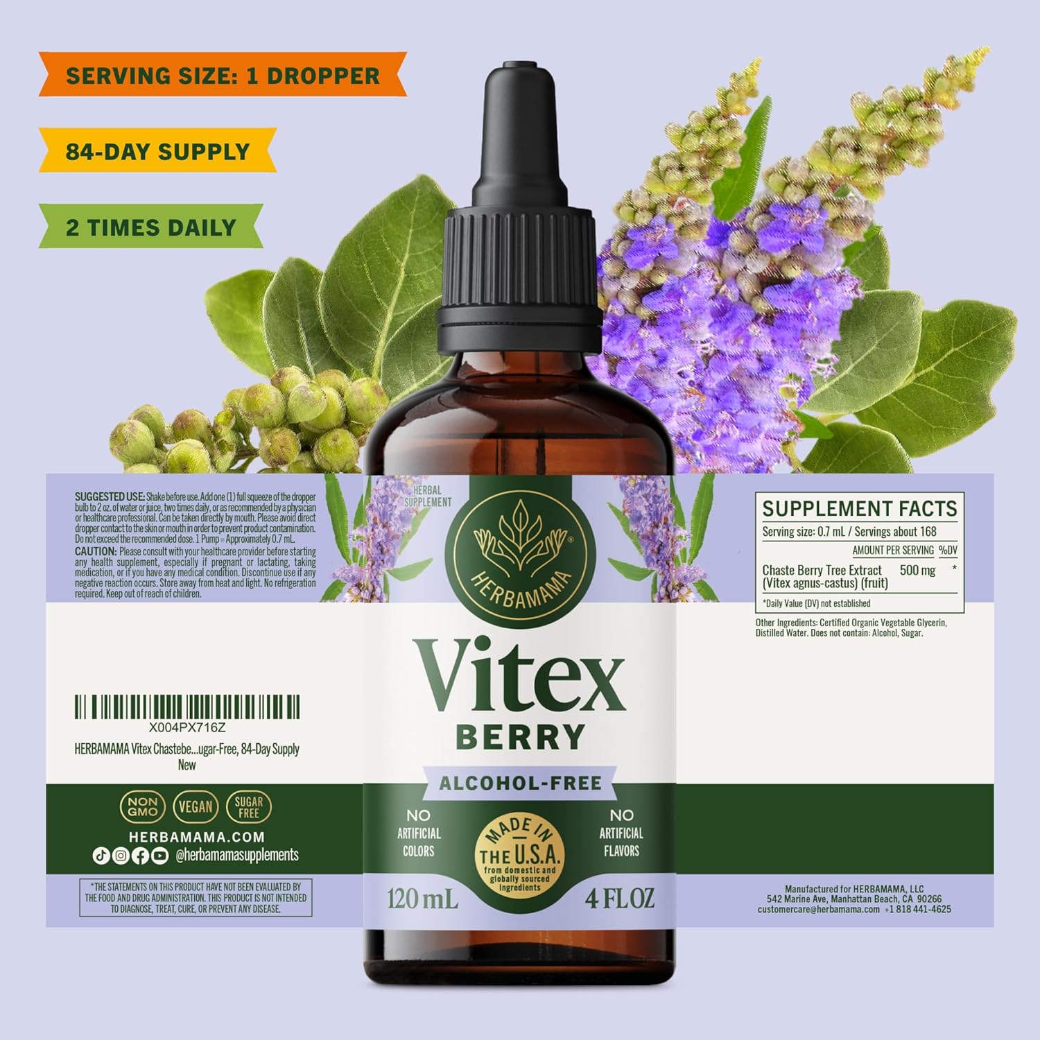 HERBAMAMA Vitex Chasteberry Supplement for Women - Natural Menopause Support* with Vitex Berry Tincture - Chaste Tree Berry Drops for Hormonal Balance & Cycle Support* - 84-Day Supply - Image 8