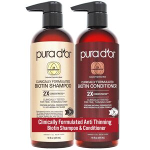 PURA D'OR Clinically Formulated Biotin Shampoo & Conditioner For Hair Thinning - 2X Concentrated Proprietary Herbal Blend Thickening Products For Women & Men, Sulfate Free, 16oz x2