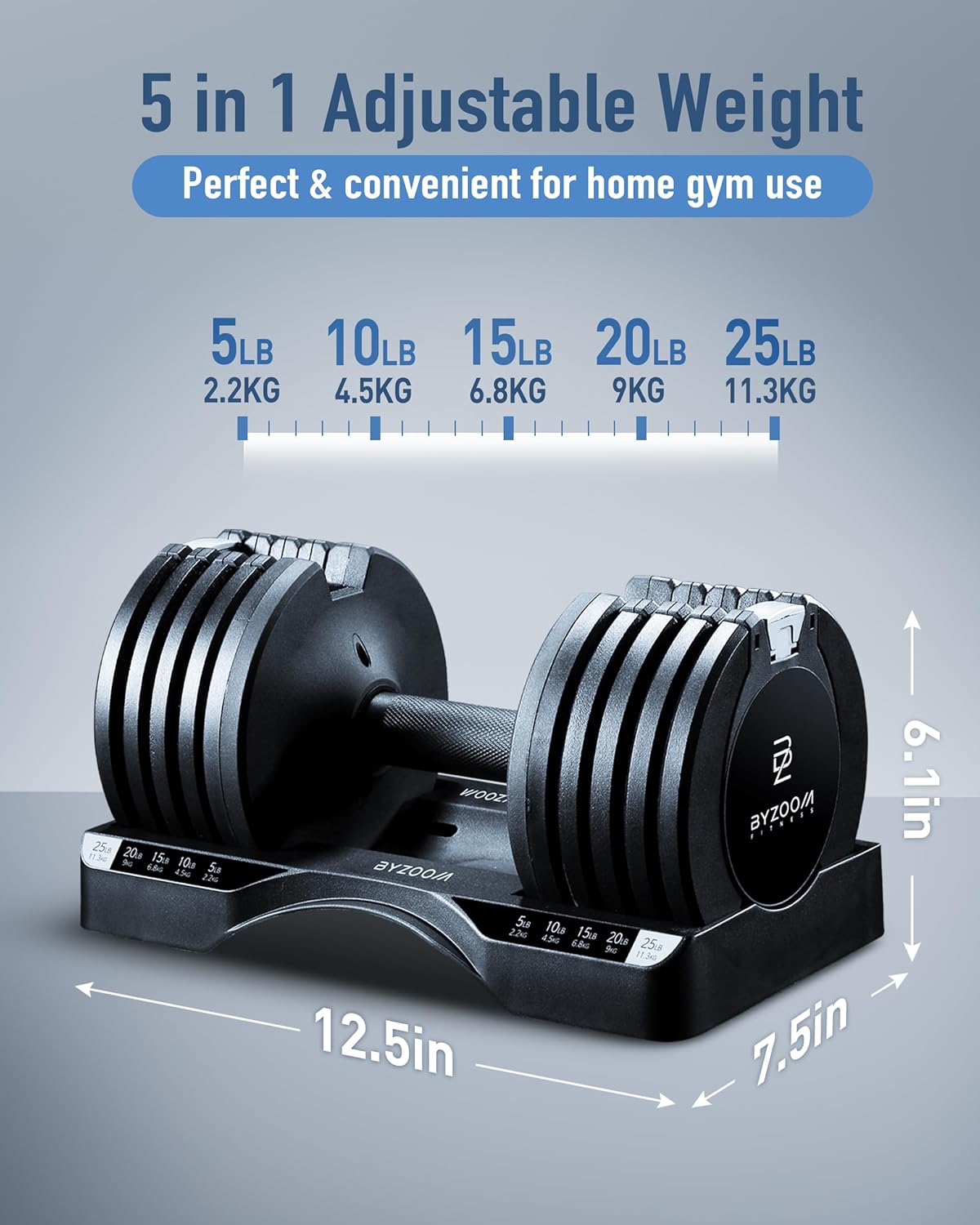 BYZOOM FITNESS Pure Series Adjustable Dumbbell - 12.5/25/27.5/75lb - ONE UNIT OR PAIR(check QTY before purchase) - 5-in-1/ 10-in-1 / 21-in-1 Flexible Hand Weights for Home Gym, Strength Training & Fitness Workouts, White OR Black - Image 4