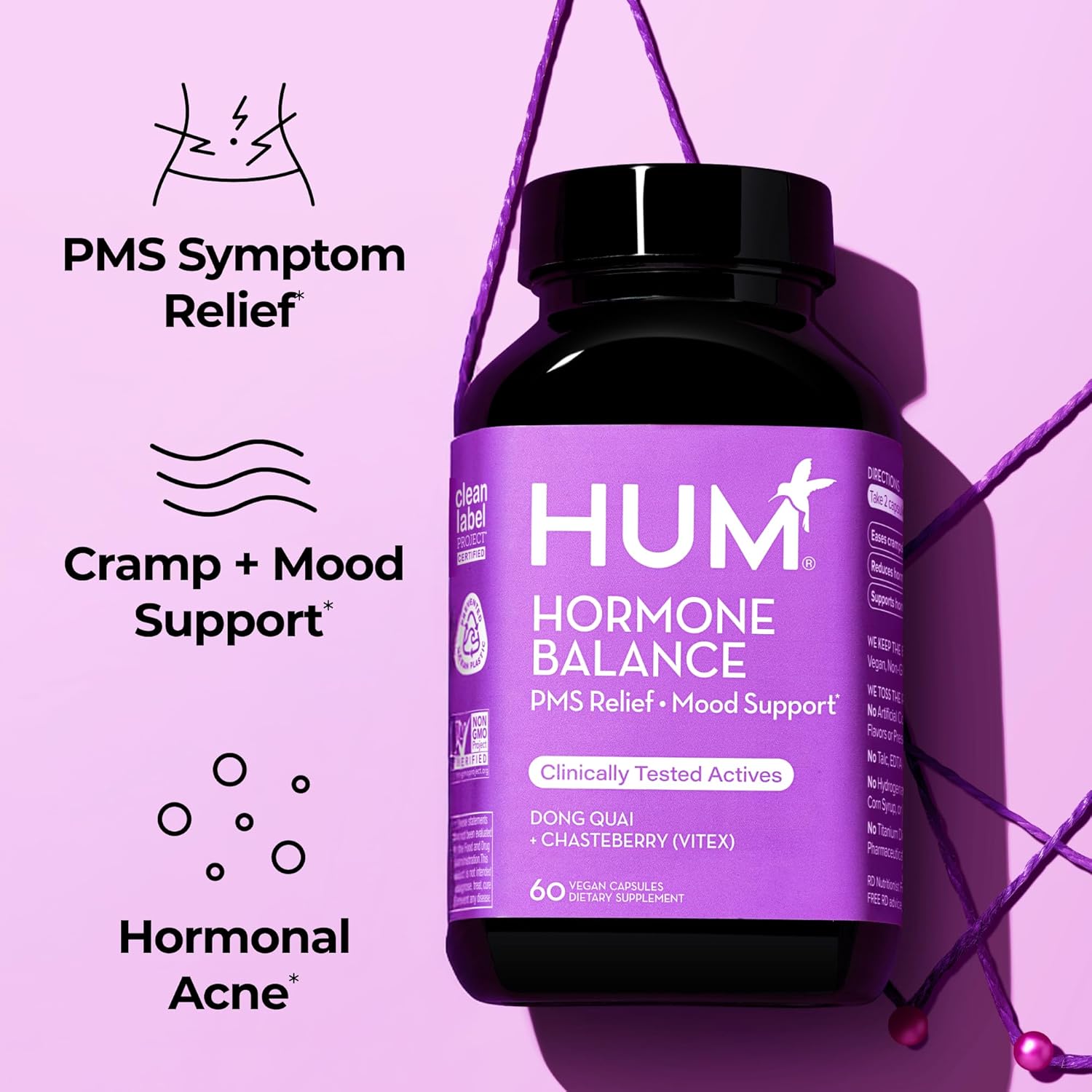 HUM Hormone Balance for Women, Supplement for Women's Health with Chasteberry & Dong Quai, Support for PMS Symptoms, Cramps, Irritability, Hormonal Balance, Monthly Support, 60 Capsules - Image 2