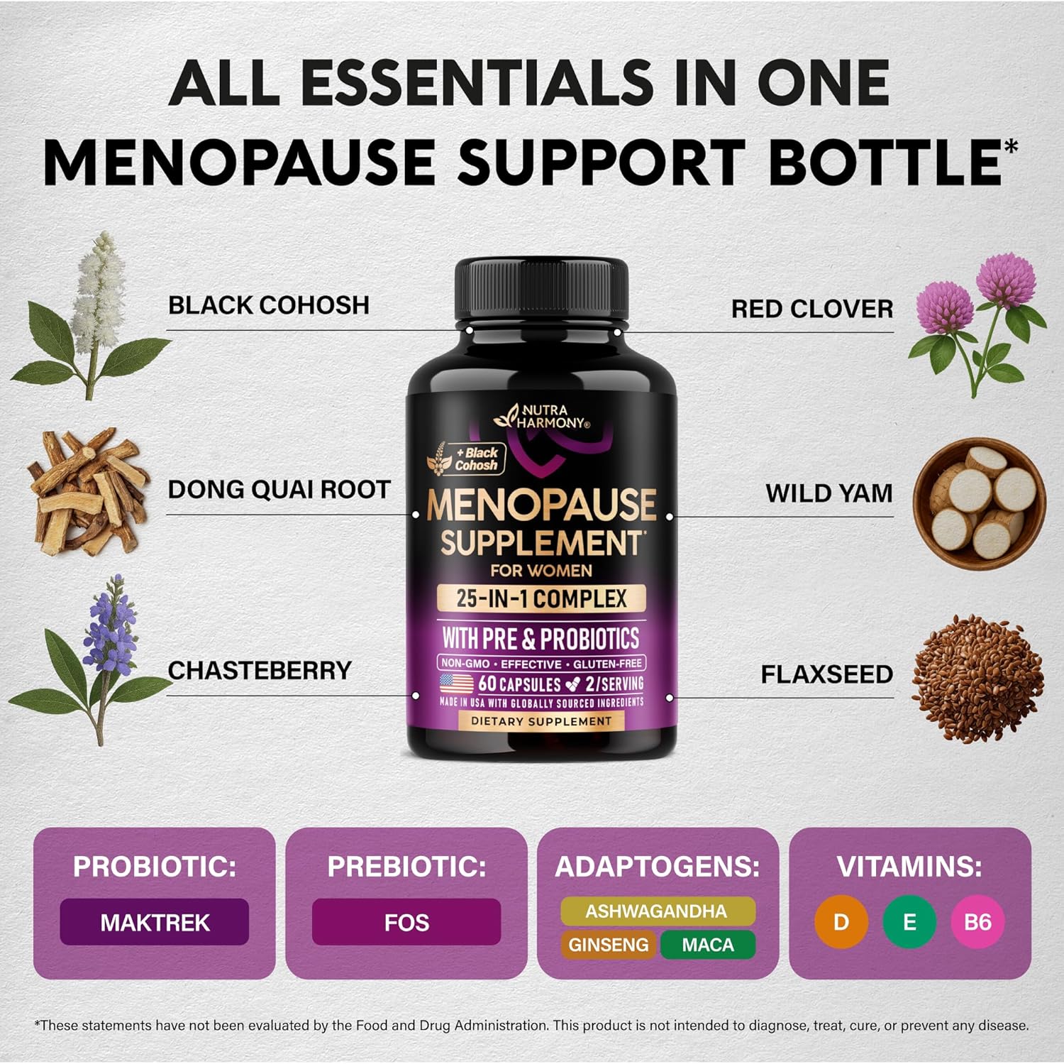 Menopause Supplements for Women - Dong Quai, Black Cohosh, Pre & Probiotics - Sweats & Hot Flashes Relief - Digestion, Sleep & Mood Support - 25-in-1 Perimenopause Complex - Made in USA - 60 Capsules - Image 4