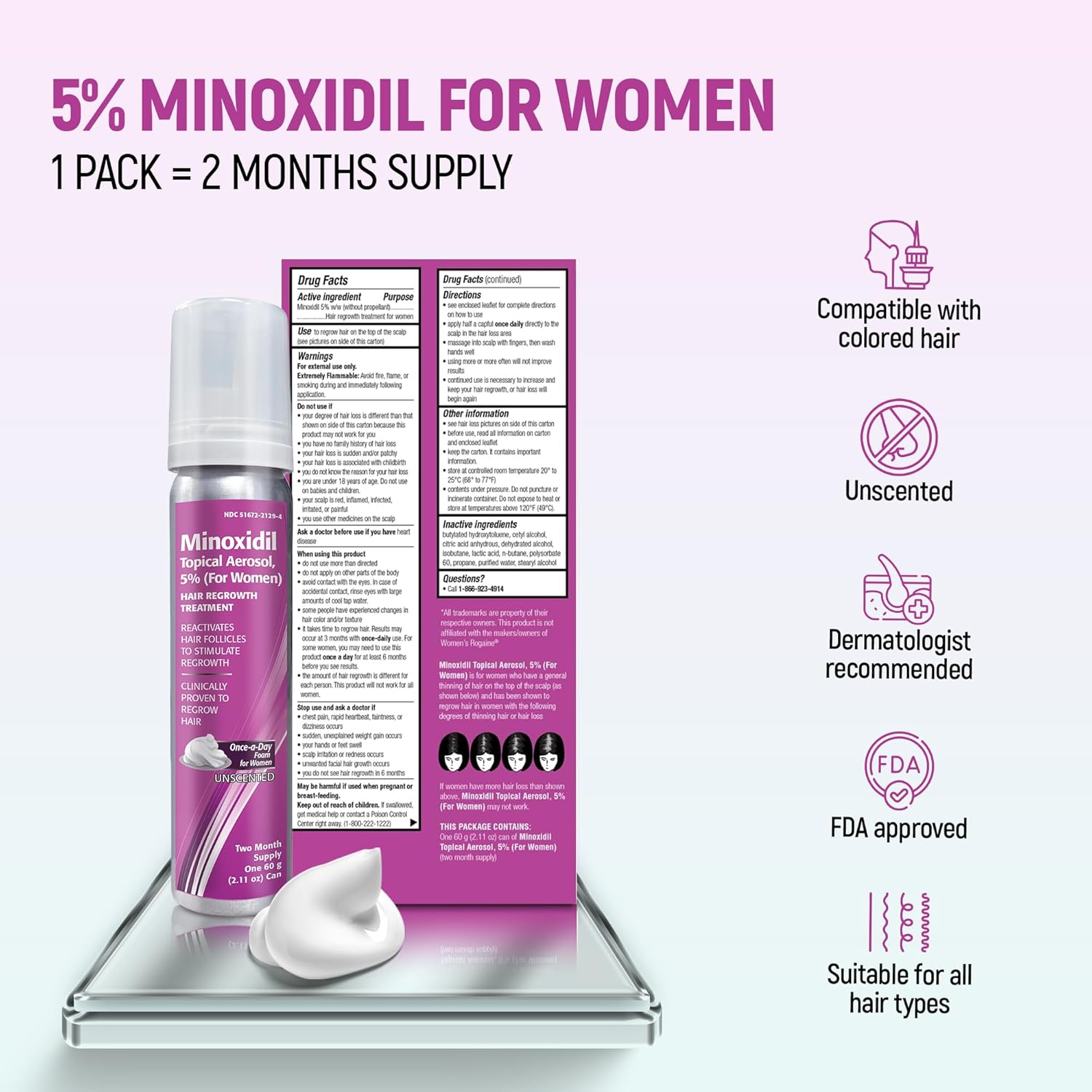 Minoxidil for Women, 2.11 Oz (2 Months Supply) Clinically Proven to Regrow Hair, Topical Aerosol Foam 5%, Hair Thinning Treatment - Image 2