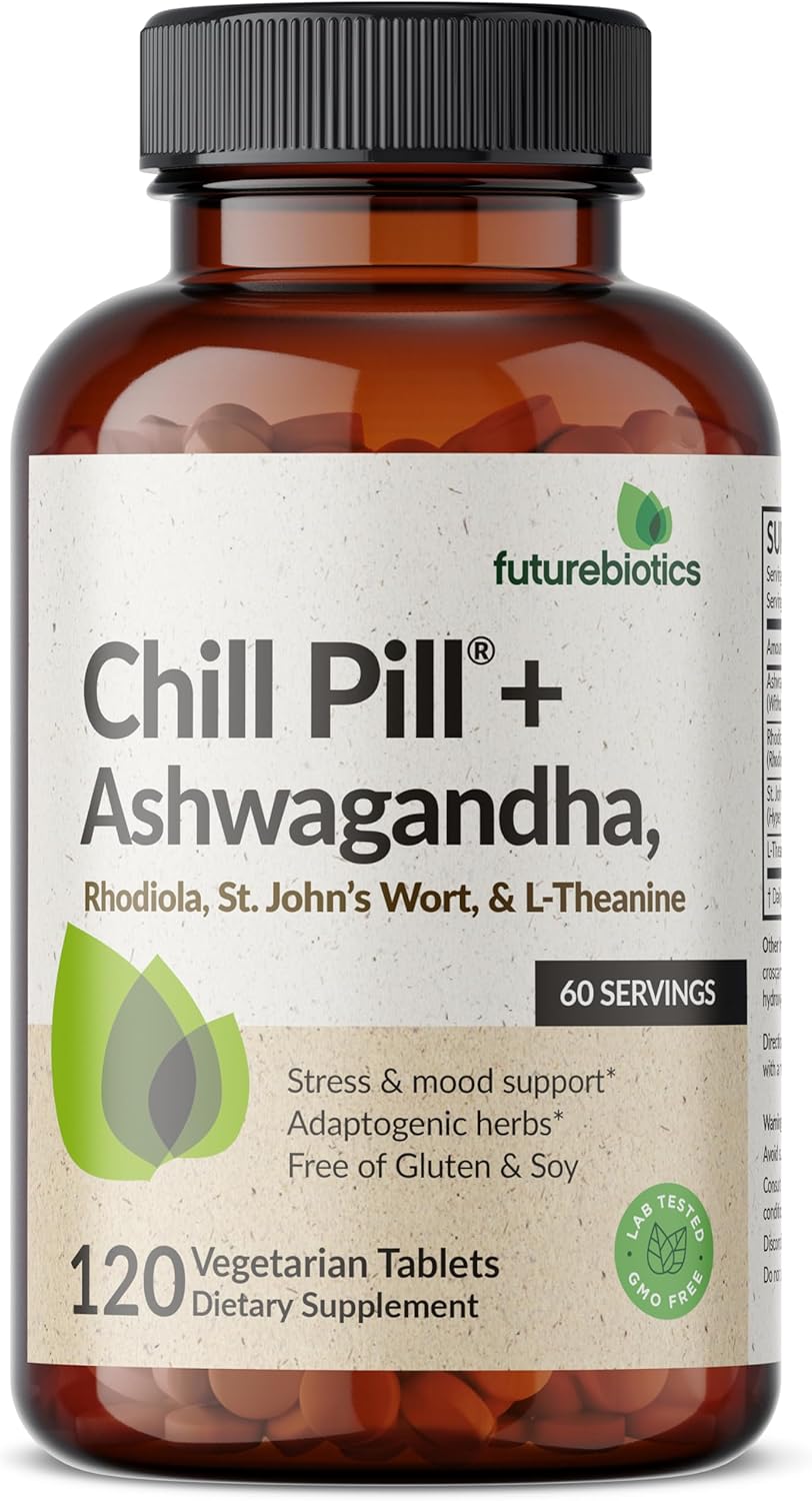 Futurebiotics Chill Pill + Ashwagandha, Rhodiola, St. John’s Wort, & L-Theanine - Non-GMO, 120 Vegetarian Tablets - Image 3