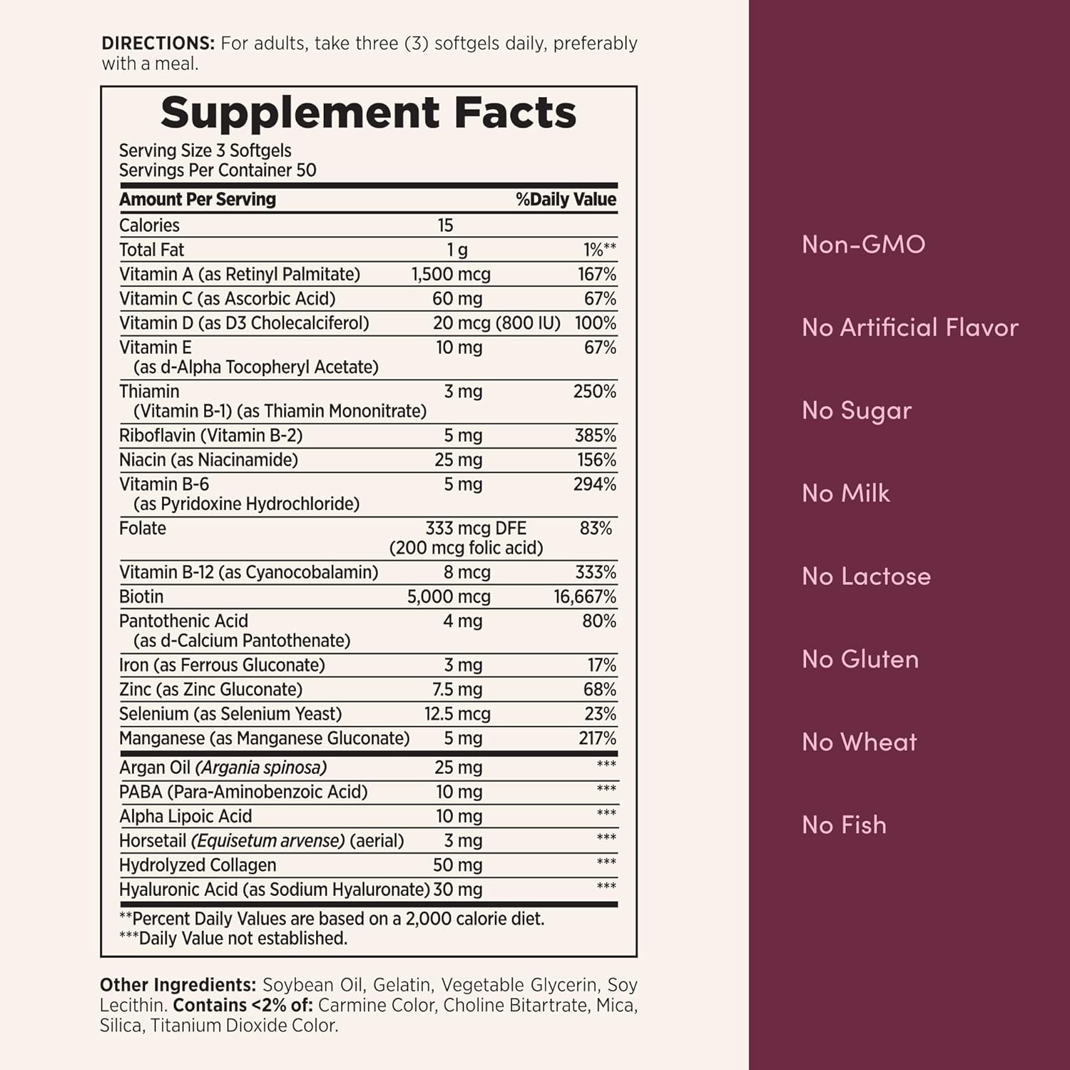 Nature's Bounty Advanced Hair, Skin & Nails, Argan-Infused Vitamin Supplement with Biotin and Hyaluronic Acid, 150 Rapid Release Softgels, 50 Total Servings - Image 5