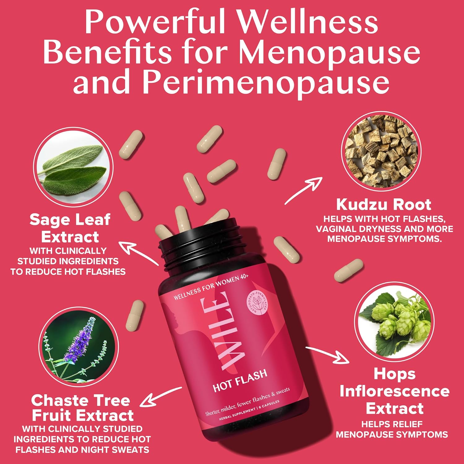 WILE Menopause and Perimenopause Supplements for Women - Hot Flashes and Night Sweats Relief with Kudzu Root - Premenopause Support for Stress, Hot Flash, Hormone Balance & Restful Sleep, 30 Servings - Image 3