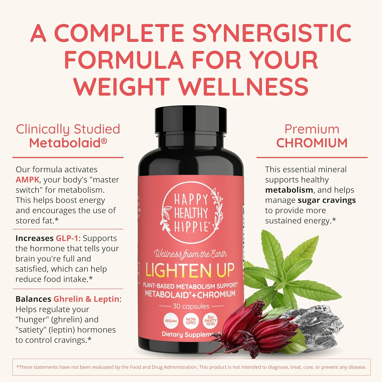 Happy Healthy Hippie GLP-1 Supplement (Metabolaid™ + Chromium) + Appetite Suppressant for Women | Metabolism Booster (AMPK) for Weight | Belly Fat Burner | Hunger & Cravings Control - 30 Vegan Caps - Image 6