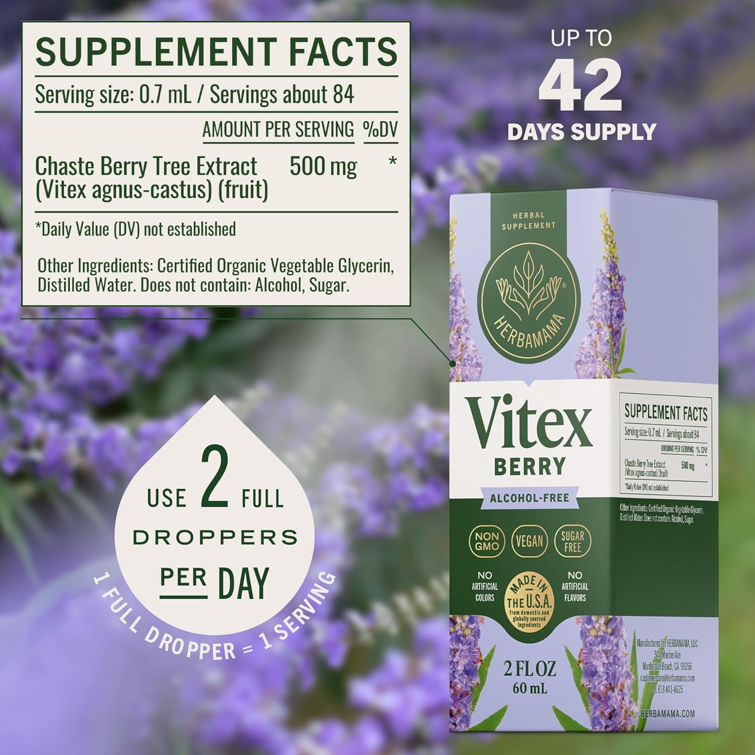 HERBAMAMA Vitex Chasteberry Supplement for Women - Natural Menopause Support* with Vitex Berry Tincture - Chaste Tree Berry Drops for Hormonal Balance & Cycle Support* - 42-Day Supply - Image 3