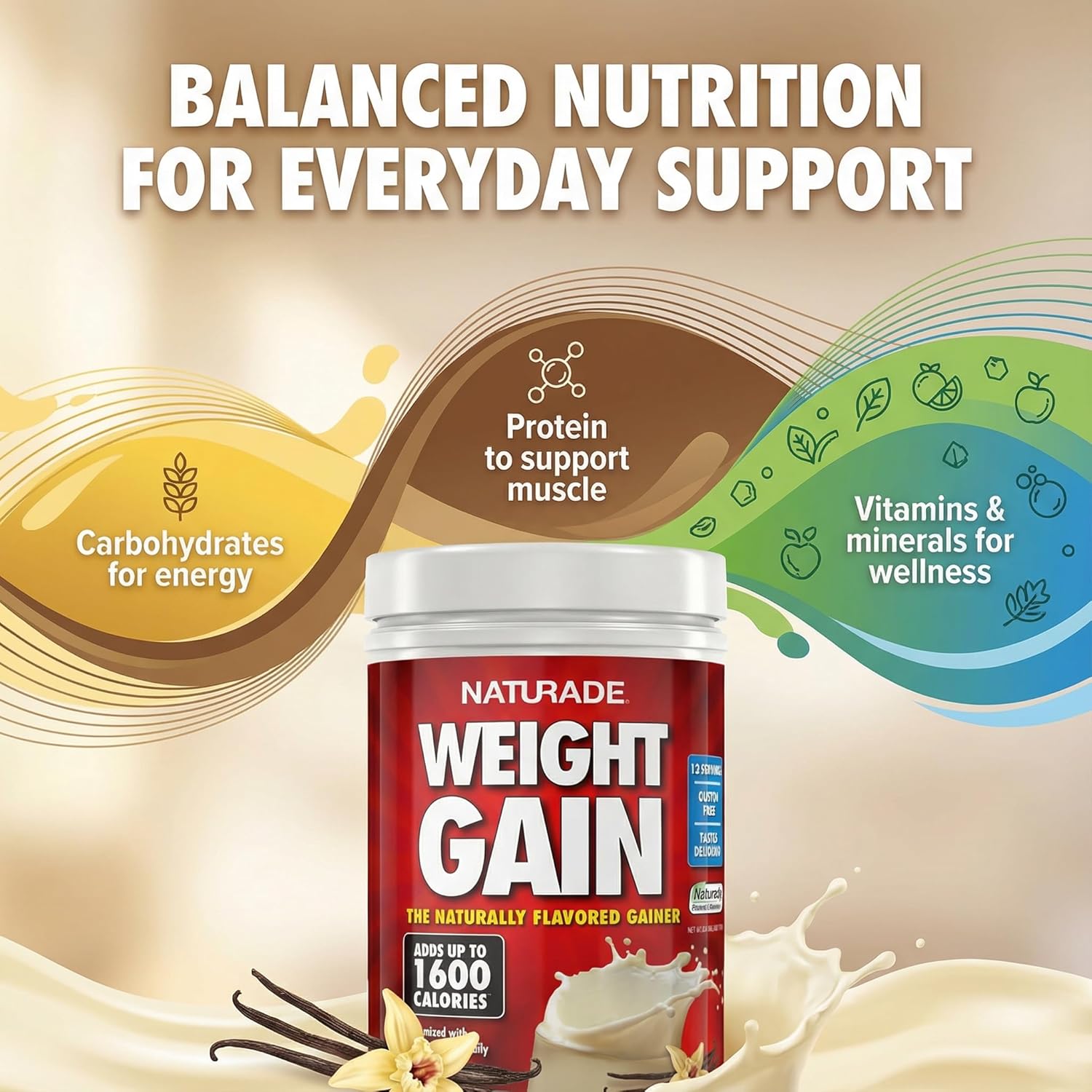 Naturade Weight Gain Nutrition Drink Mix for Healthy Weight Support, Balanced Calories with Protein, Vitamins & Minerals, Vanilla - 20.3 oz - Image 6