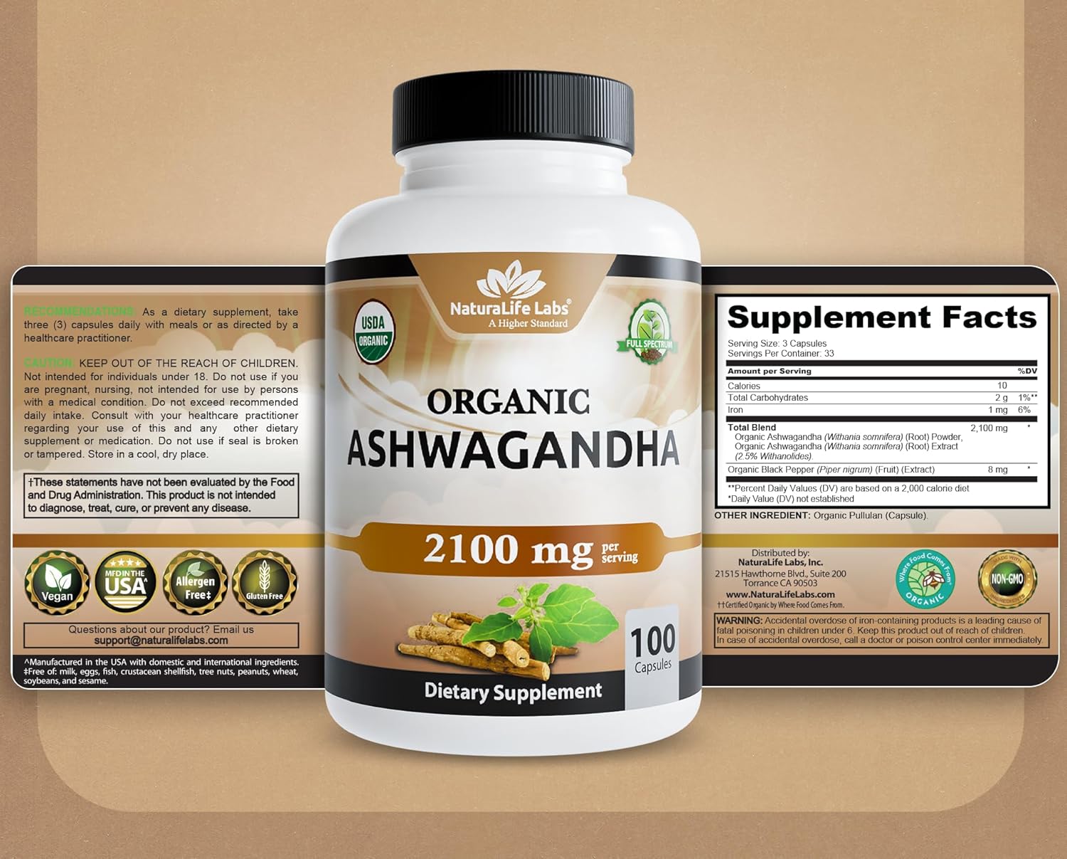 NaturaLife Labs Organic Ashwagandha 2100 mg per Serving – Full Spectrum Root Powder and Standardized Extract (Withanolides) – 100 Capsules – Vegan – Non-GMO, Gluten-Free - Image 8
