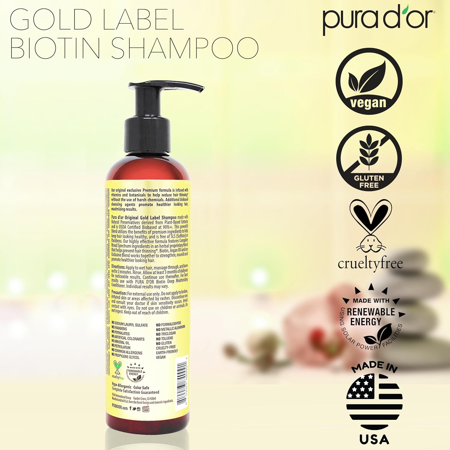PURA D'OR 8 Oz Original Gold Label Anti-Thinning Biotin Shampoo Natural Earthy Scent, CLINICALLY TESTED Effective Results, Herbal Blend Hair Thickening Products, Women & Men, Color Treated Hair - Image 6