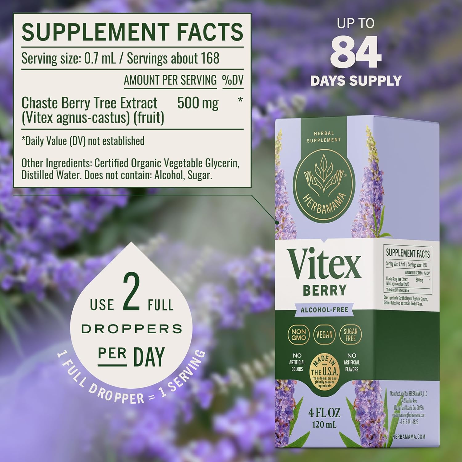 HERBAMAMA Vitex Chasteberry Supplement for Women - Natural Menopause Support* with Vitex Berry Tincture - Chaste Tree Berry Drops for Hormonal Balance & Cycle Support* - 84-Day Supply - Image 3