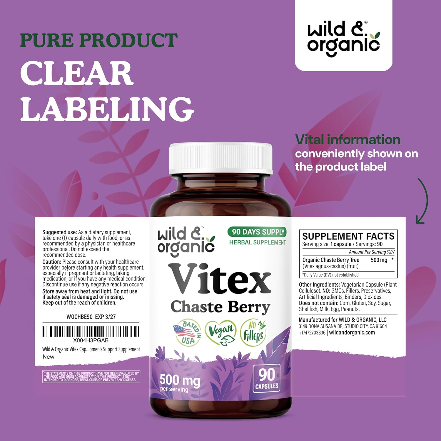 Wild & Organic Vitex Chasteberry Supplement for Women - Peri Menopause Supplements for Women - Vitex Berry Powder Capsules - Chaste Tree Berry Agnus-Castus - Vegan, No Fillers, Non-GMO - 90 Count - Image 7