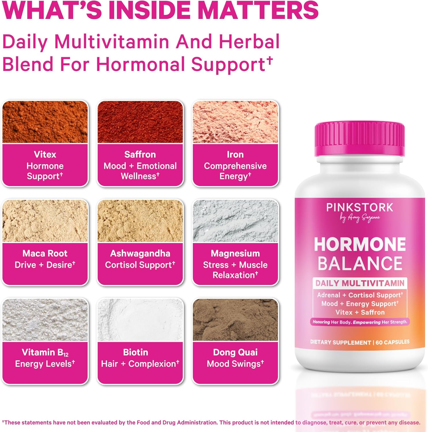 Pink Stork Hormone Balance Multivitamin for Women | 18-in-1 Vitex, Saffron, Ashwagandha, Magnesium | Mood, Energy, Cortisol, Adrenal Support | PMS, Perimenopause Support | 60 Vegan Capsules - Image 2