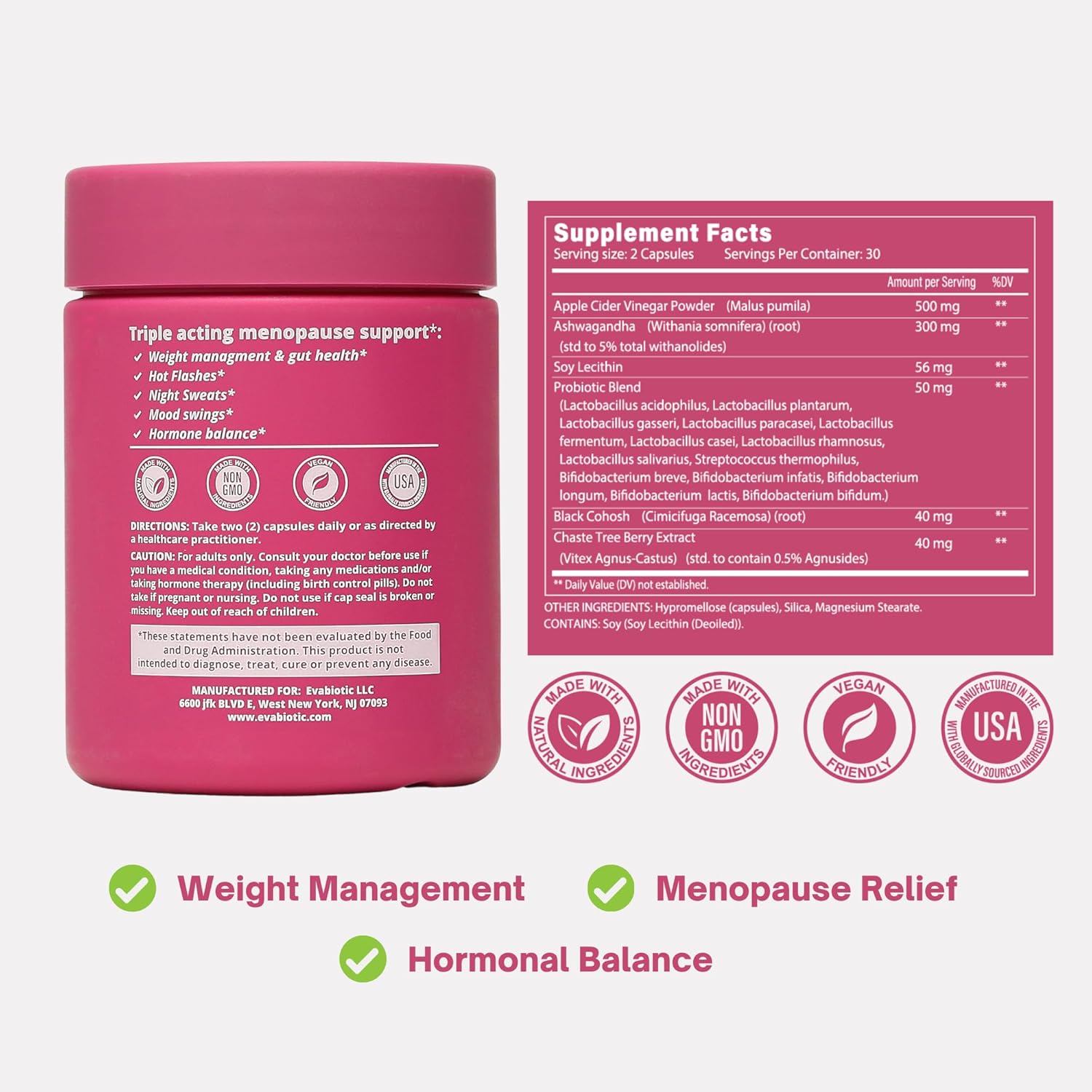 Complete Menopause Vitamins - Ashwaghanda, Probiotics, ACV for Weight Management, Hot Flashes, Night Sweats, Bloat, Hormone Balance - Vegan 60 Caps Menopause Supplements for Women Non-GMO - Image 7