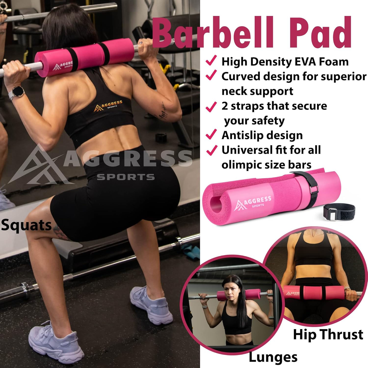 Premium Barbell Pad Set for Hip Thrusts - Squat Pad for Barbell Lunges, Bench Press, with 2 Gym Ankle Straps, Hip Resistance Bands – Gym Accessories for Women with Carry Bag, Towel - Image 3
